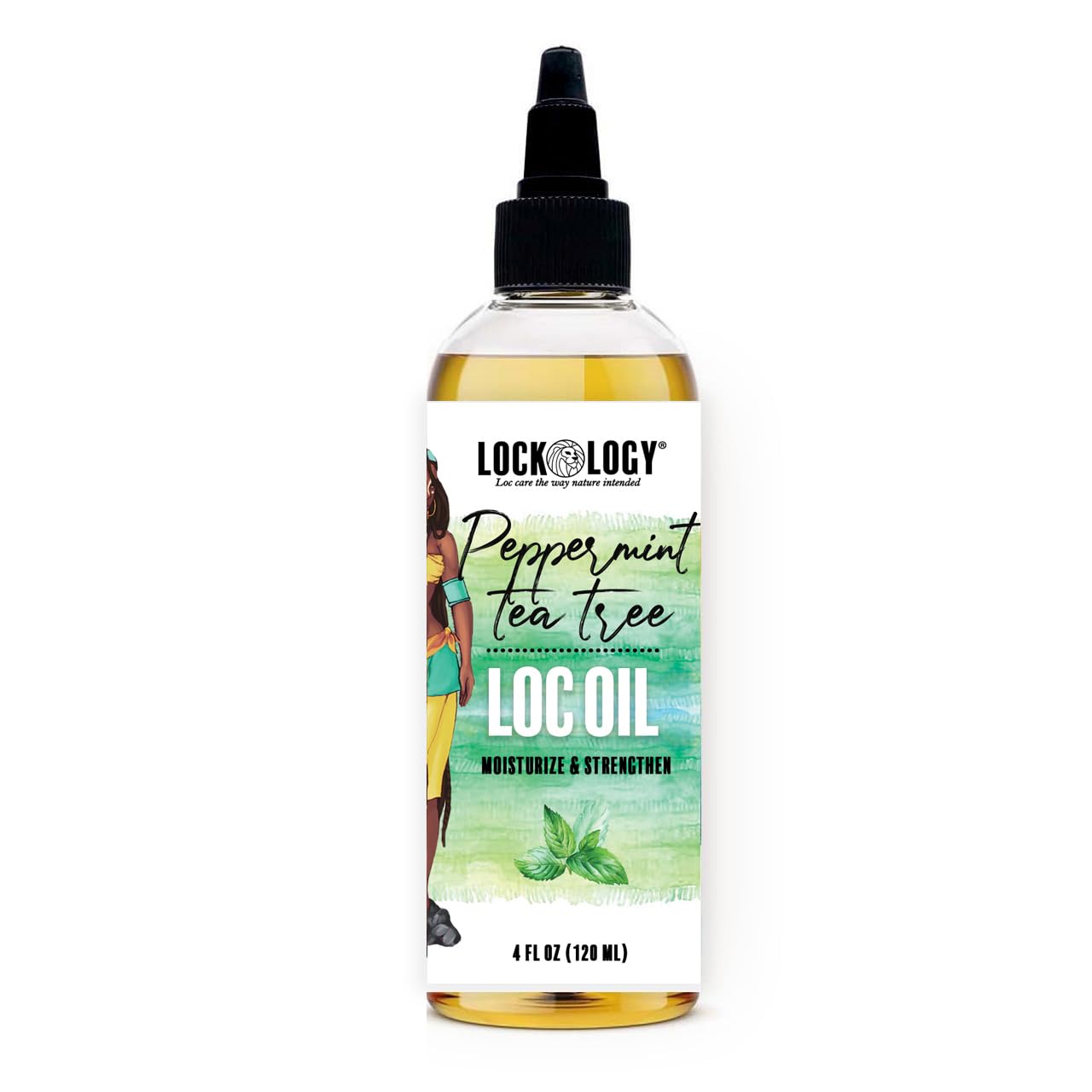 Lockology Peppermint Tea Tree Loc Oil USA-made label signals small-batch quality.
