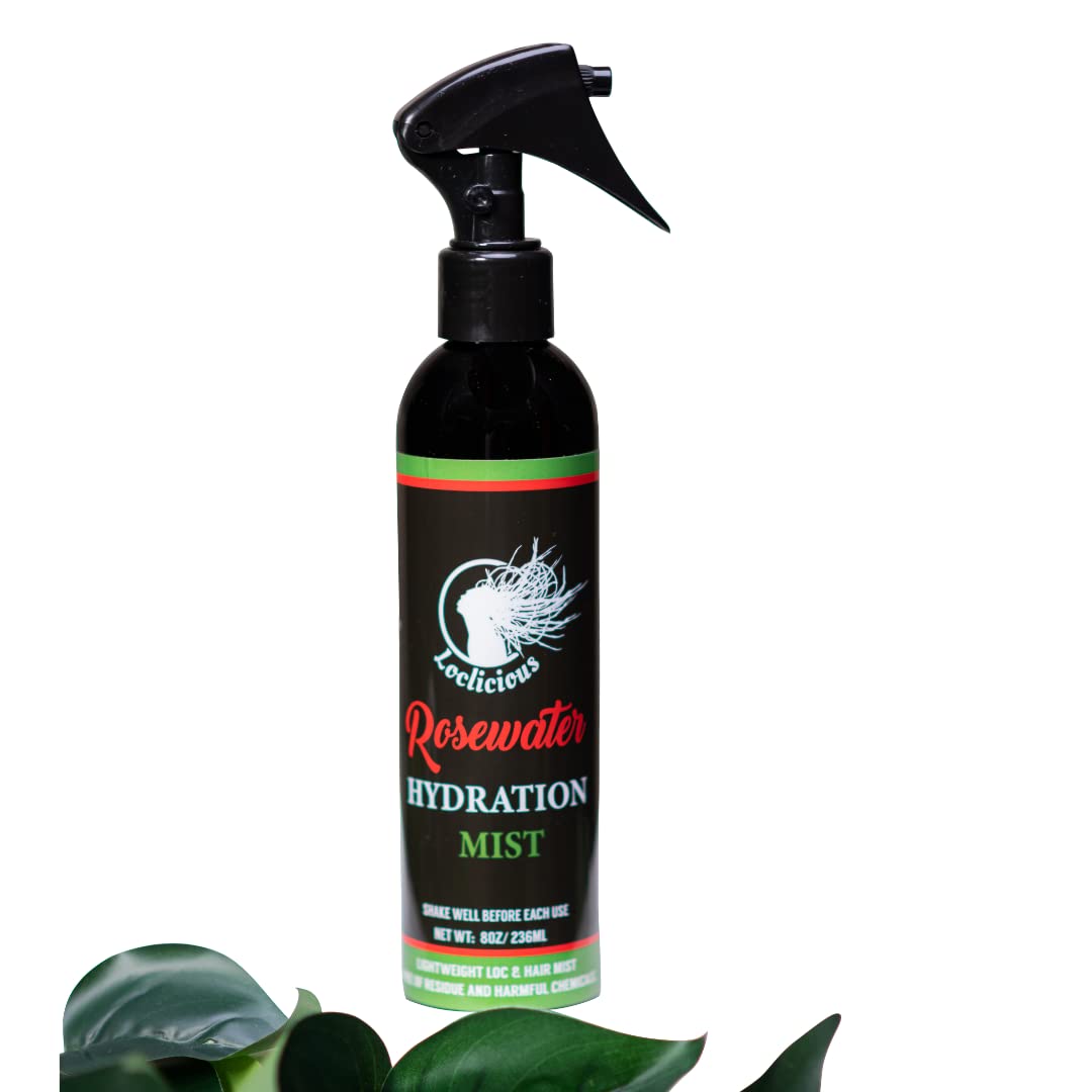 LOCLICIOUS hydrating rose water loc spray bottle showing lightweight moisturizer for locs
