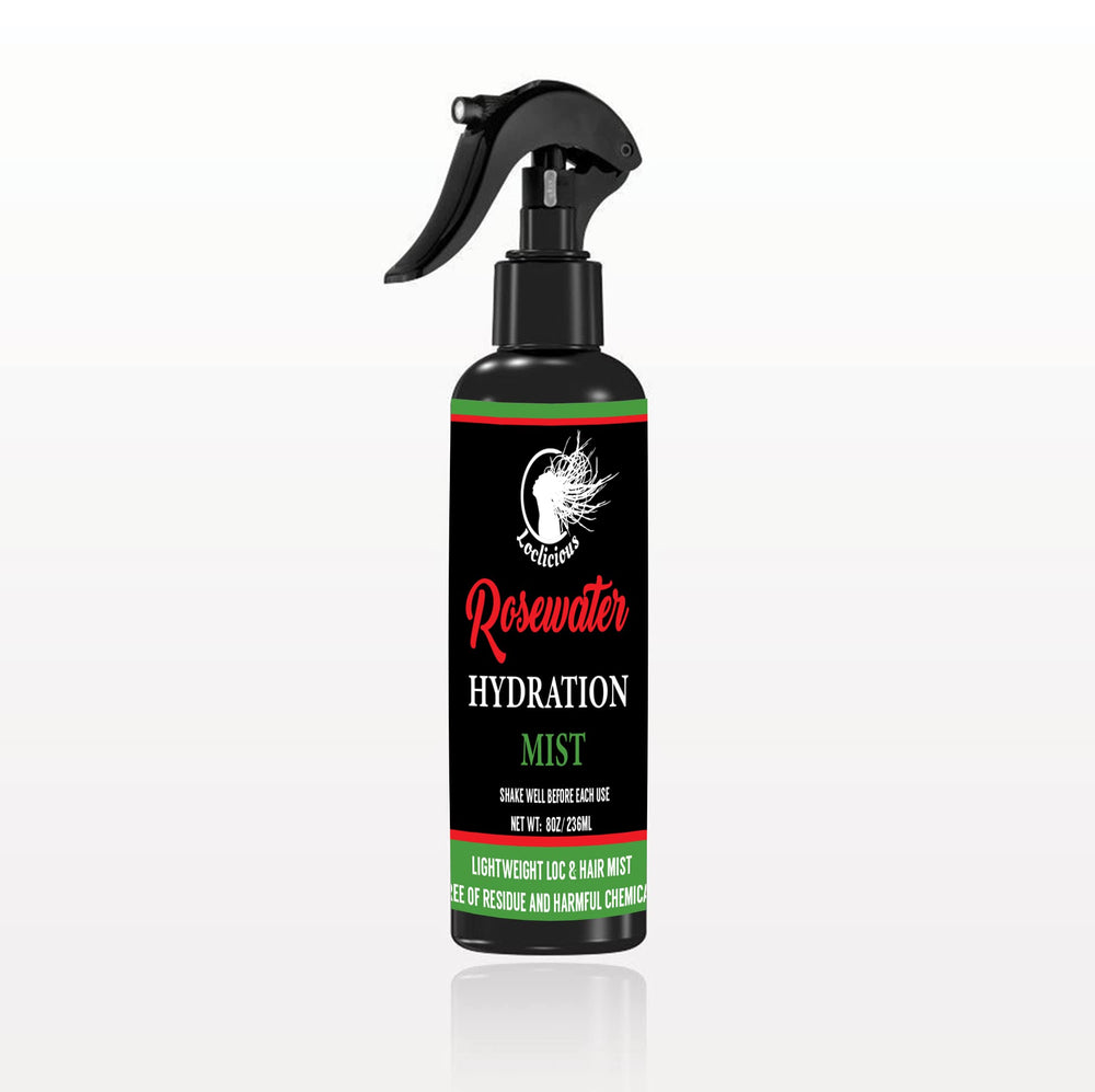 LOCLICIOUS rose water hair mist applied to damp hair for refresh and frizz control