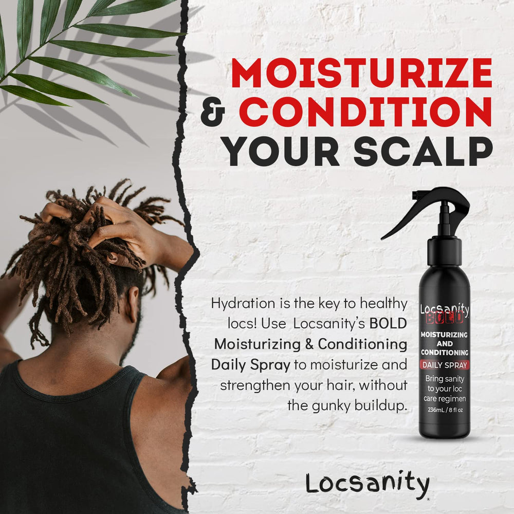 Locsanity Bold Moisturizing Loc Spray scalp refresh demonstrates cooling mist for comfort.