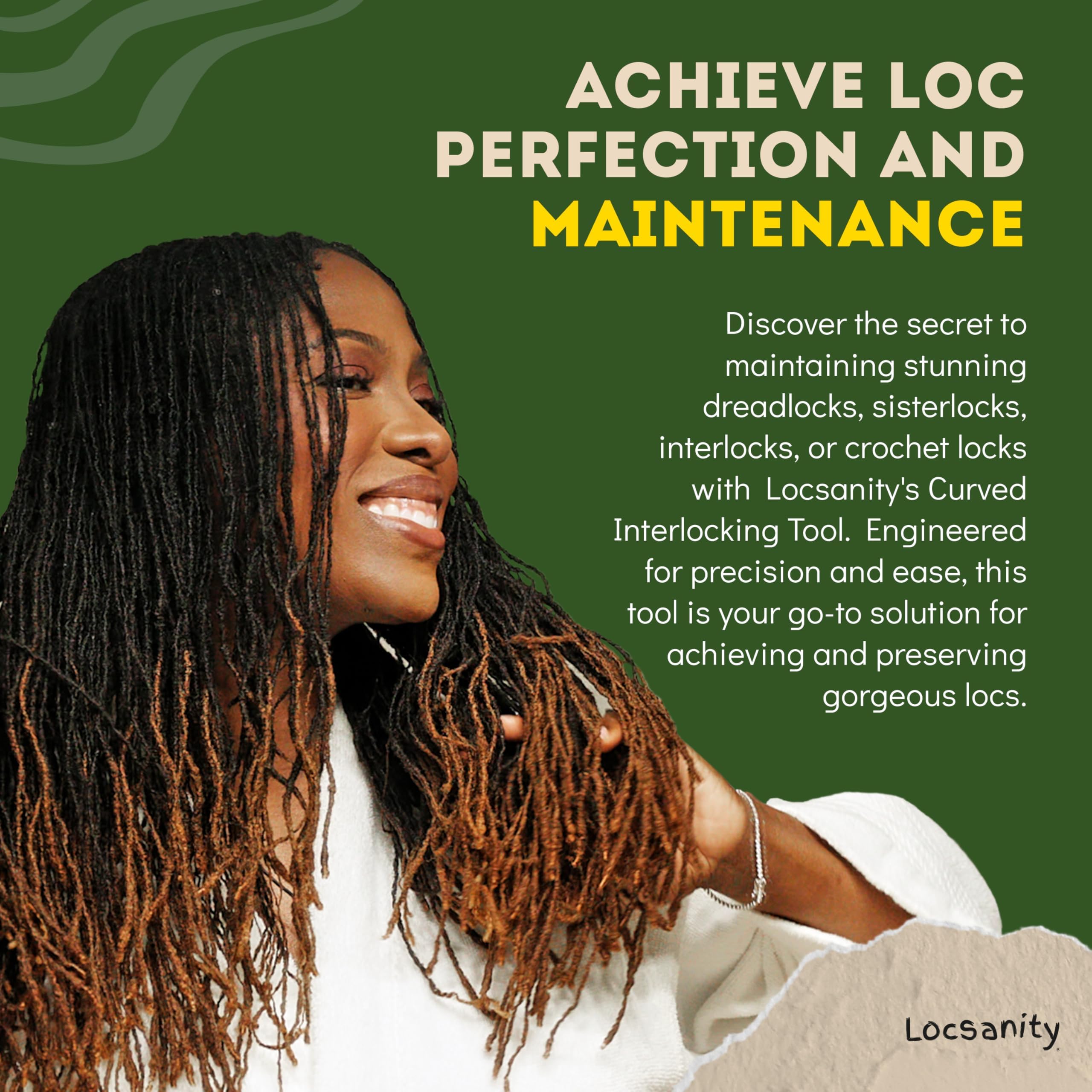 Locsanity curved interlocking tool in use on dreadlocks ensuring gentle, tension-free maintenance