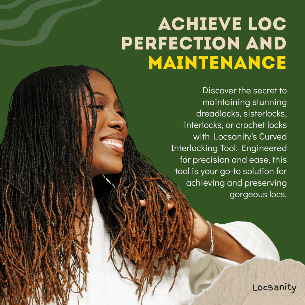 Locsanity curved interlocking tool in use on dreadlocks ensuring gentle, tension-free maintenance