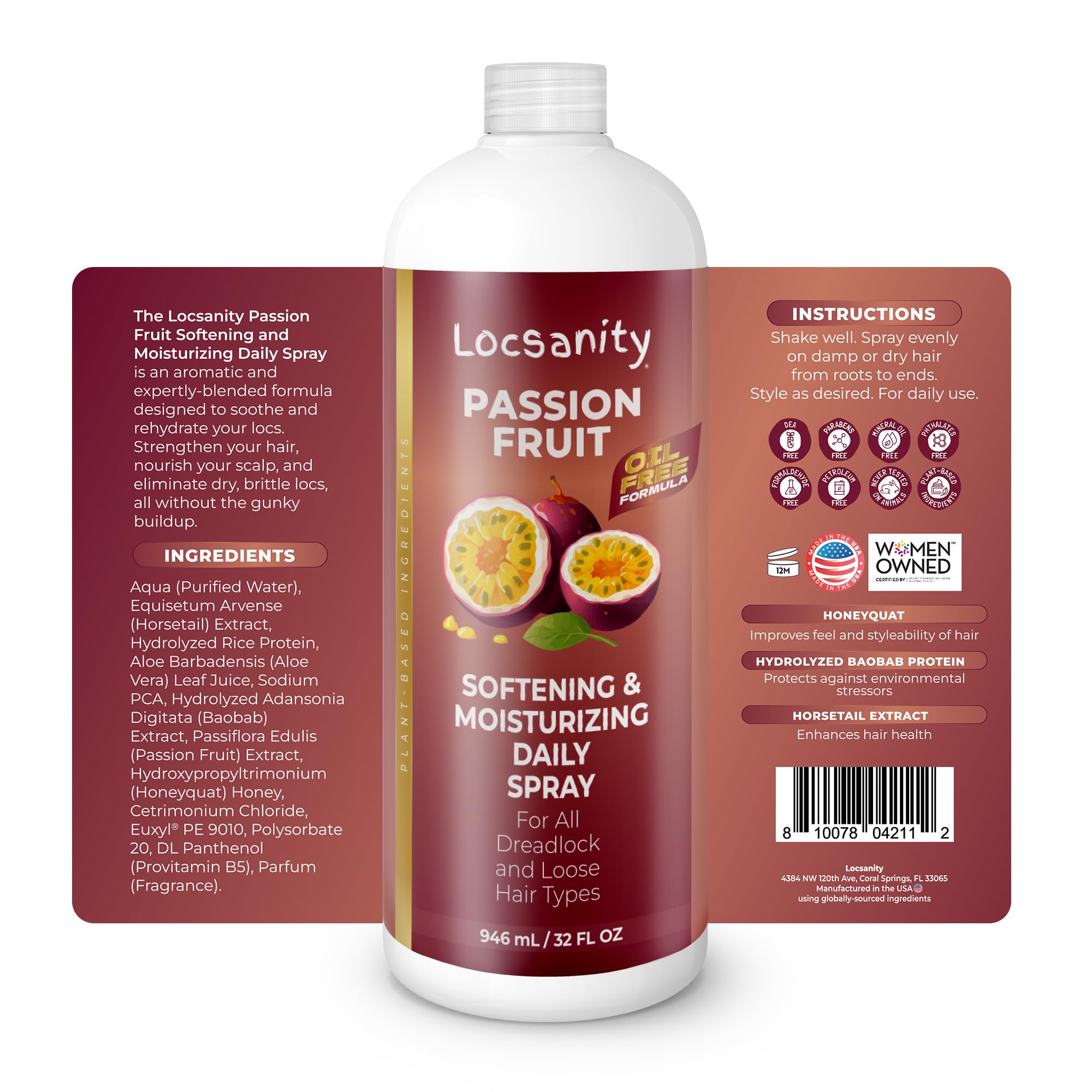 Locsanity passion-fruit scalp hydration spray delivers scalp moisture for healthy-looking locs.