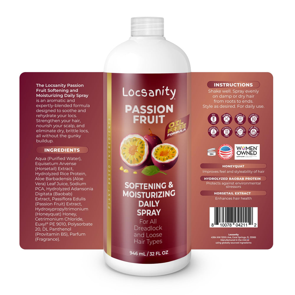 Locsanity passion-fruit scalp hydration spray delivers scalp moisture for healthy-looking locs.