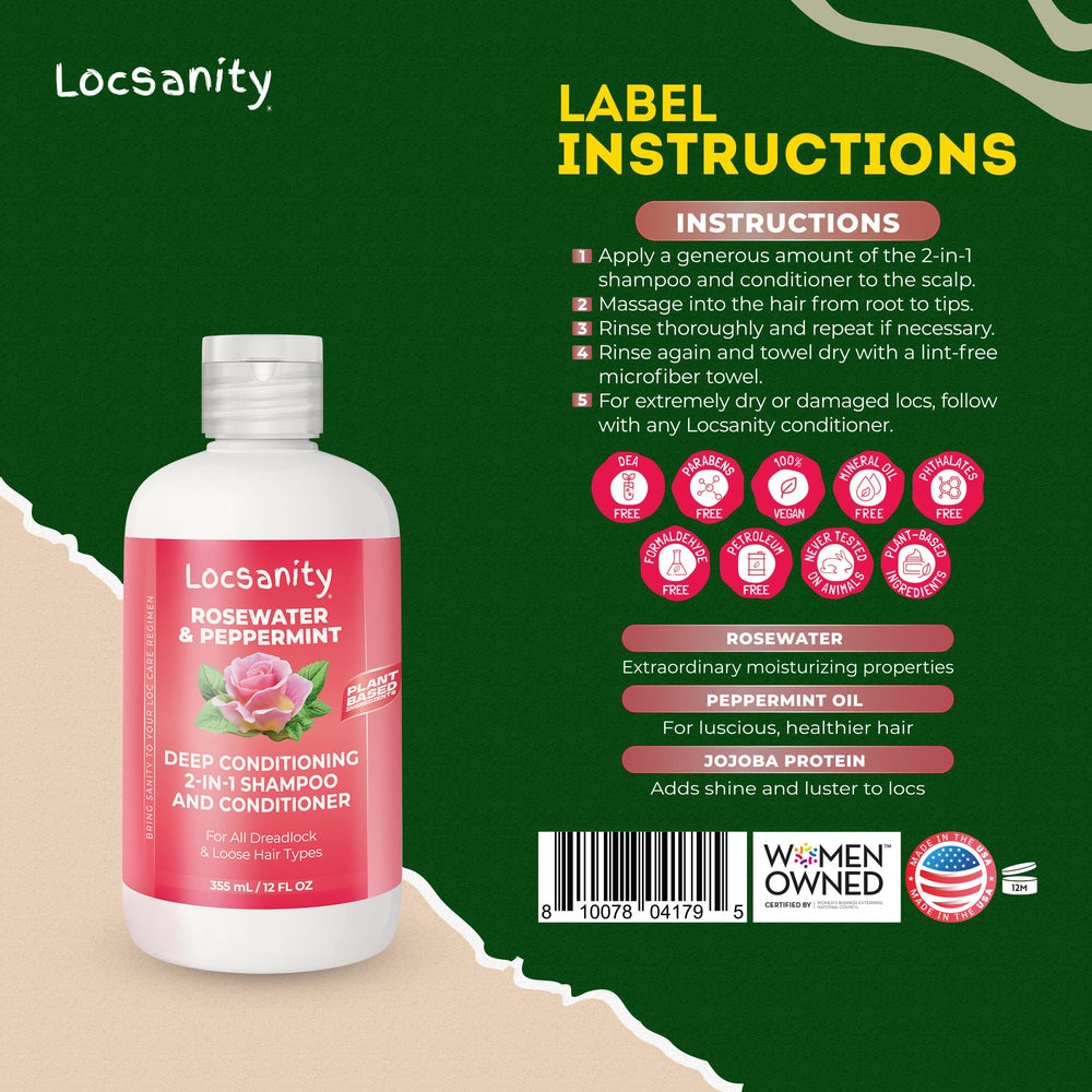 Locsanity Rosewater Peppermint bottle front label highlights 2-in-1 detangler and cleanser