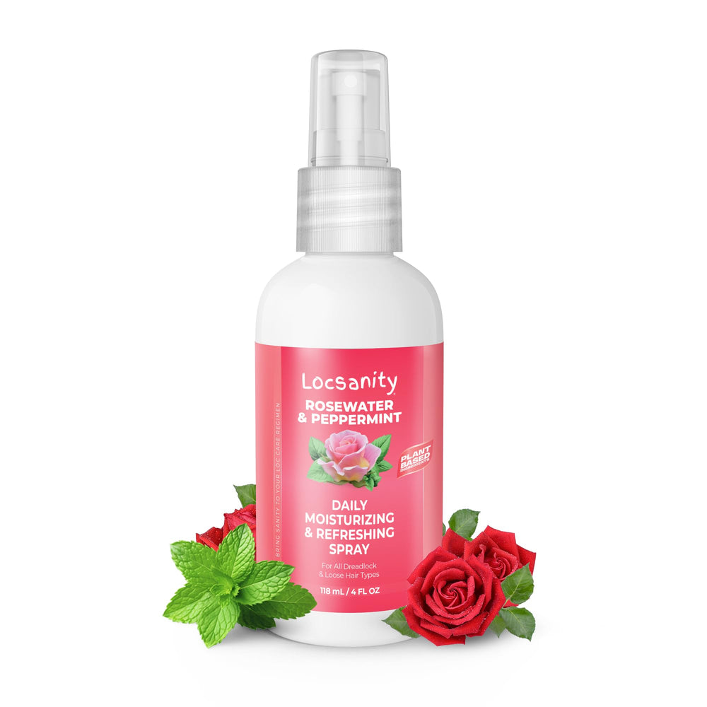 Locsanity Rosewater Peppermint daily spray bottle closeup for hydrating scalp