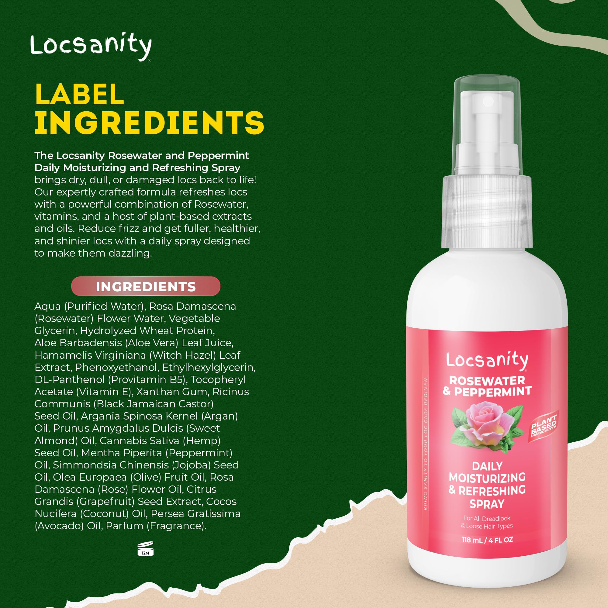 Locsanity Rosewater Peppermint daily spray on dreadlocks provides lightweight moisture and shine