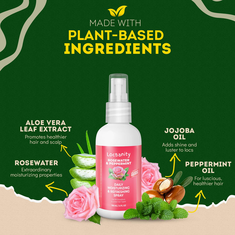 Locsanity Rosewater Peppermint spray mist on hair demonstrates refreshing hydration