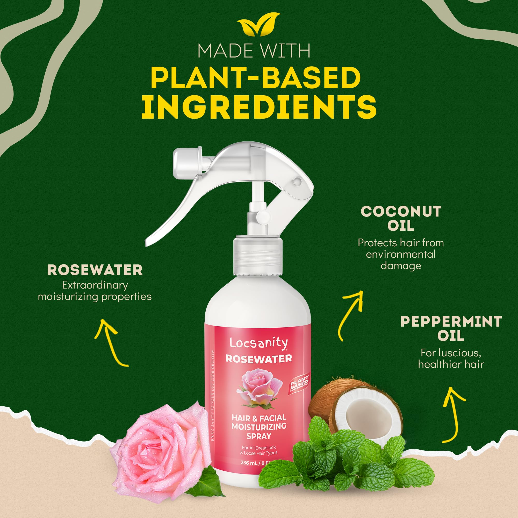 Locsanity rosewater spray closeup bottle shows pure, antioxidant-rich hydrator.