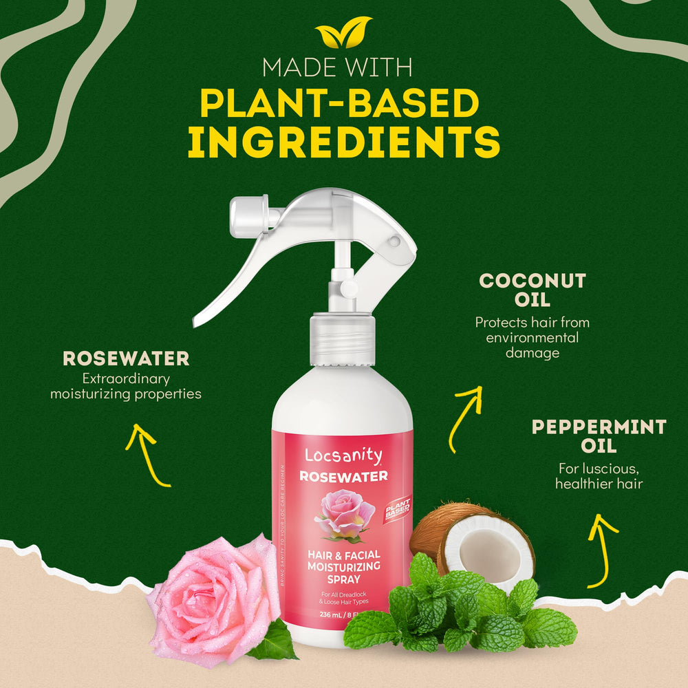 Locsanity rosewater spray closeup bottle shows pure, antioxidant-rich hydrator.