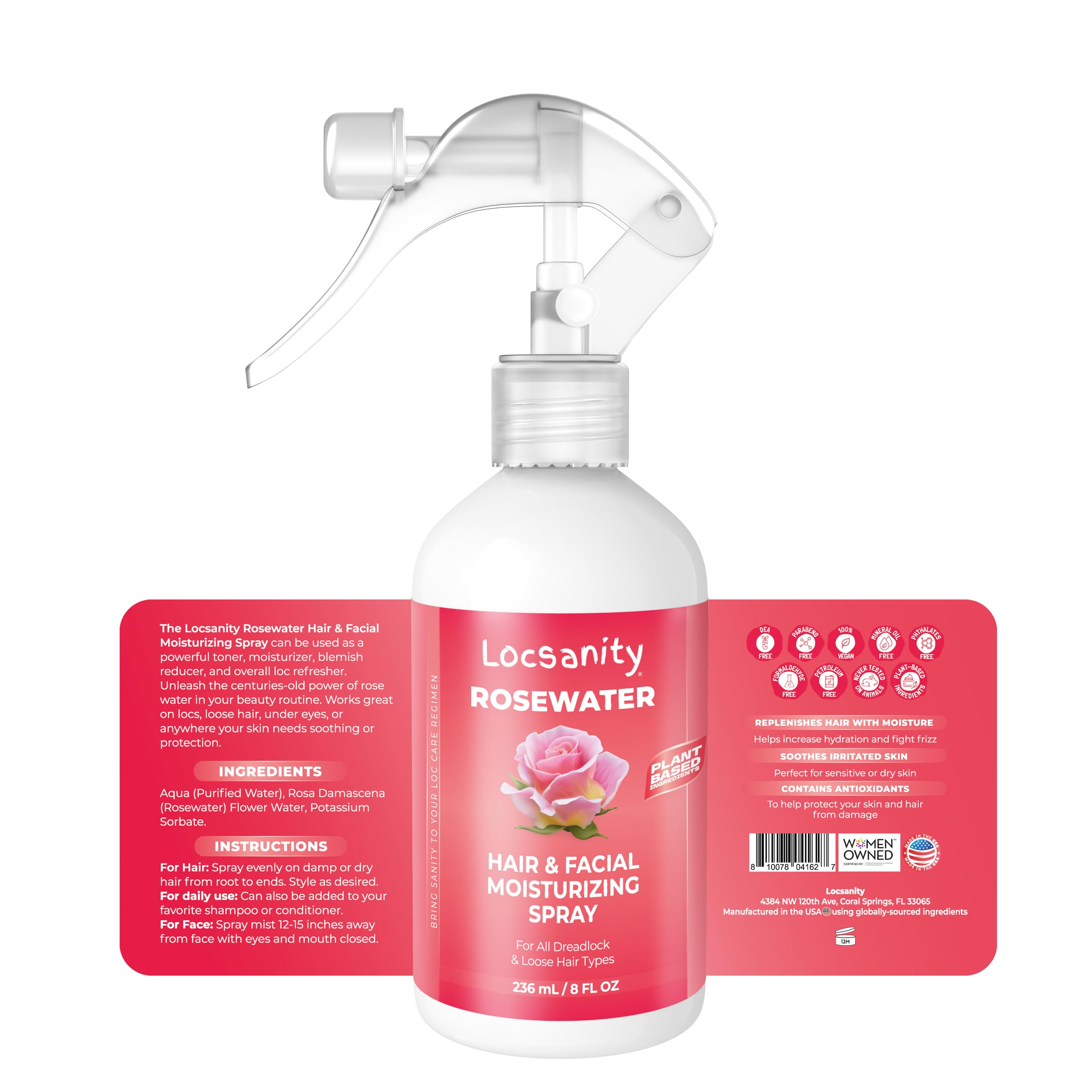 Locsanity rosewater spray hair-locs application highlights refreshing, soothing scalp hydration.