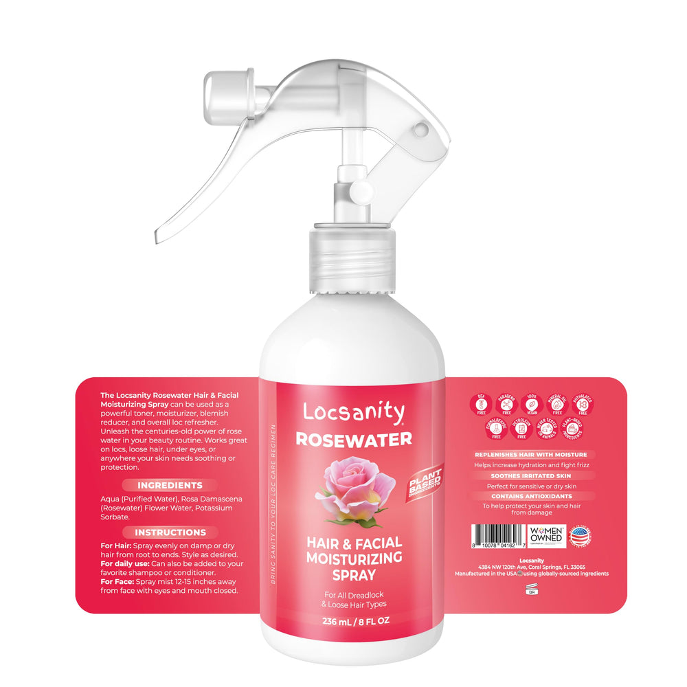 Locsanity rosewater spray hair-locs application highlights refreshing, soothing scalp hydration.