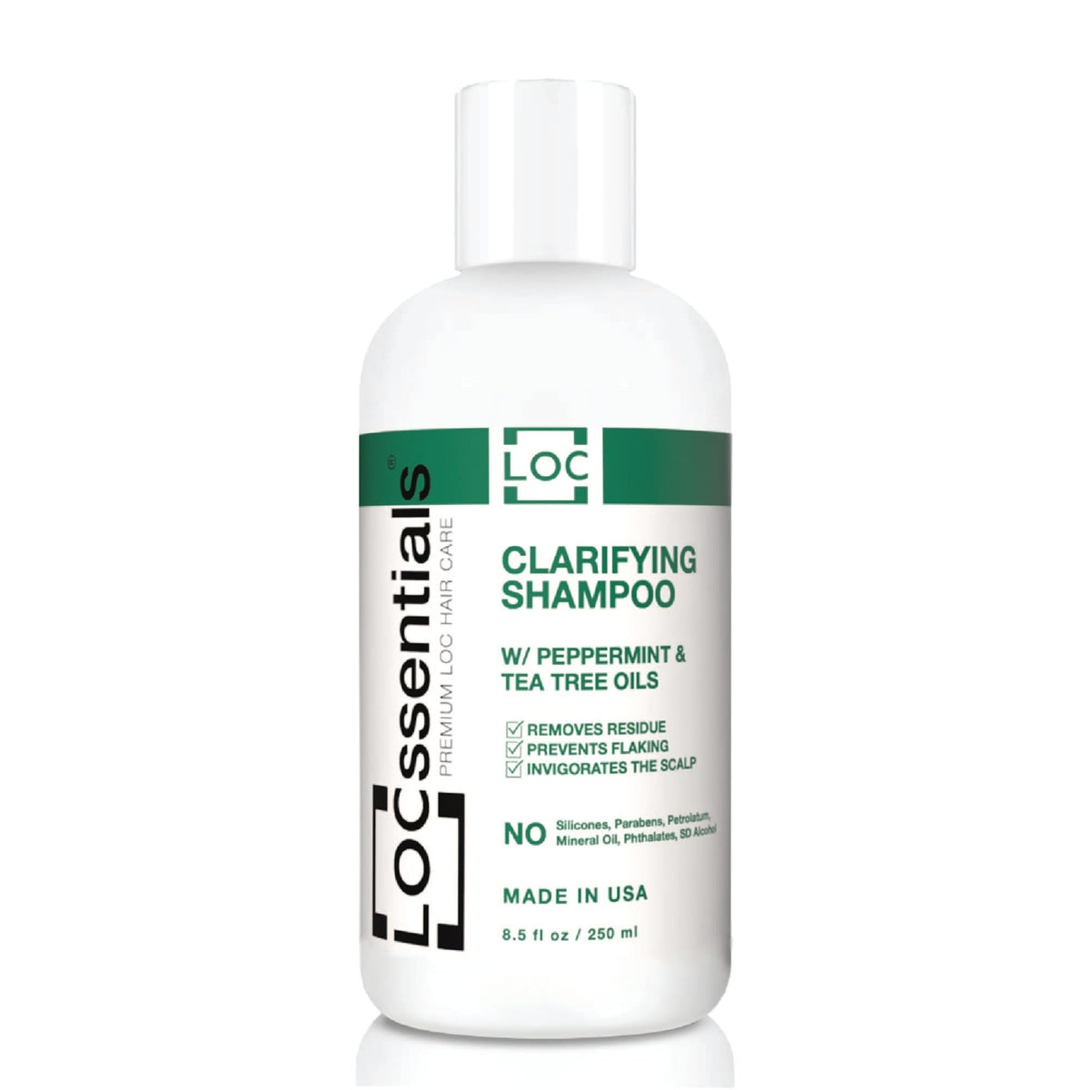 LOCssentials clarifying shampoo bottle angle demonstrates residue-free cleansing for locs and protective styles.