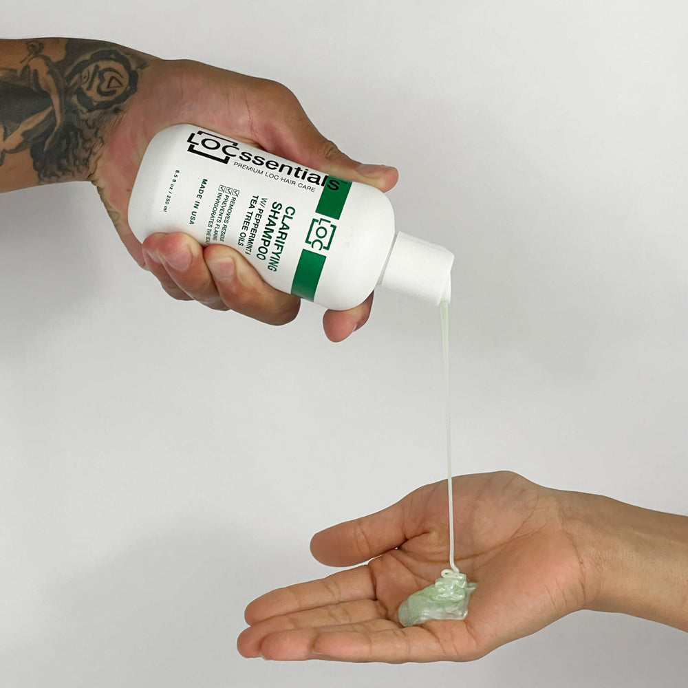 LOCssentials clarifying shampoo packaging display underscores cruelty-free, residue-free formula for loc care.
