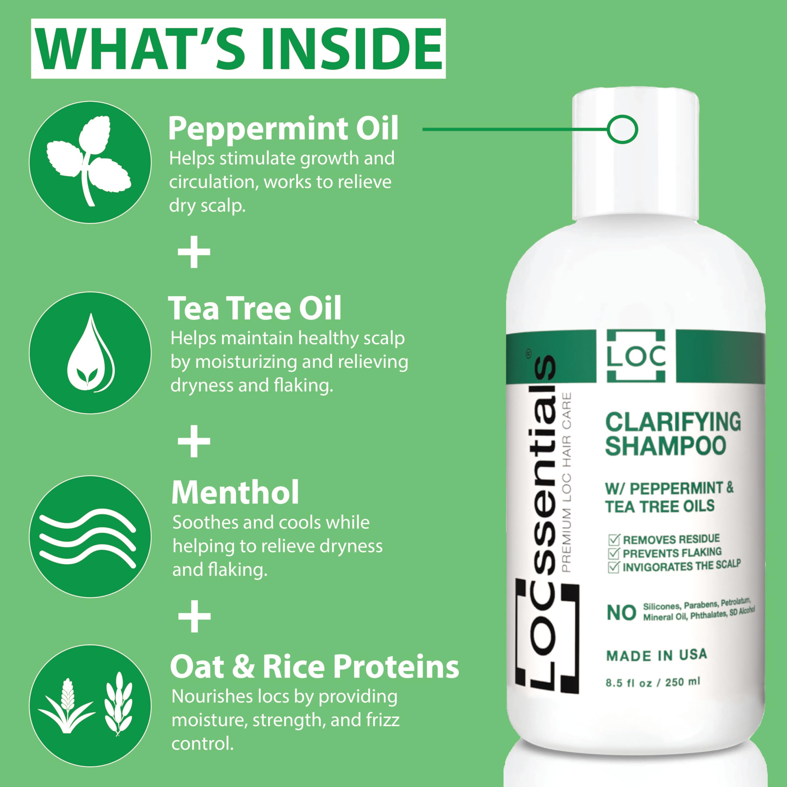 LOCssentials clarifying shampoo with tea tree ingredient detail emphasizes refreshing scalp care and cleansing benefits.