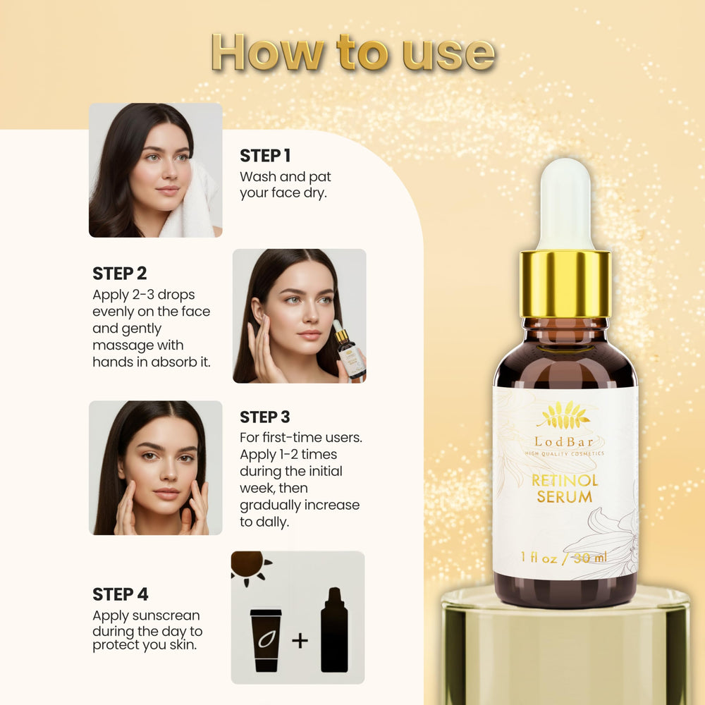 LodBar Retinol Serum close-up showing smooth, glowing complexion.