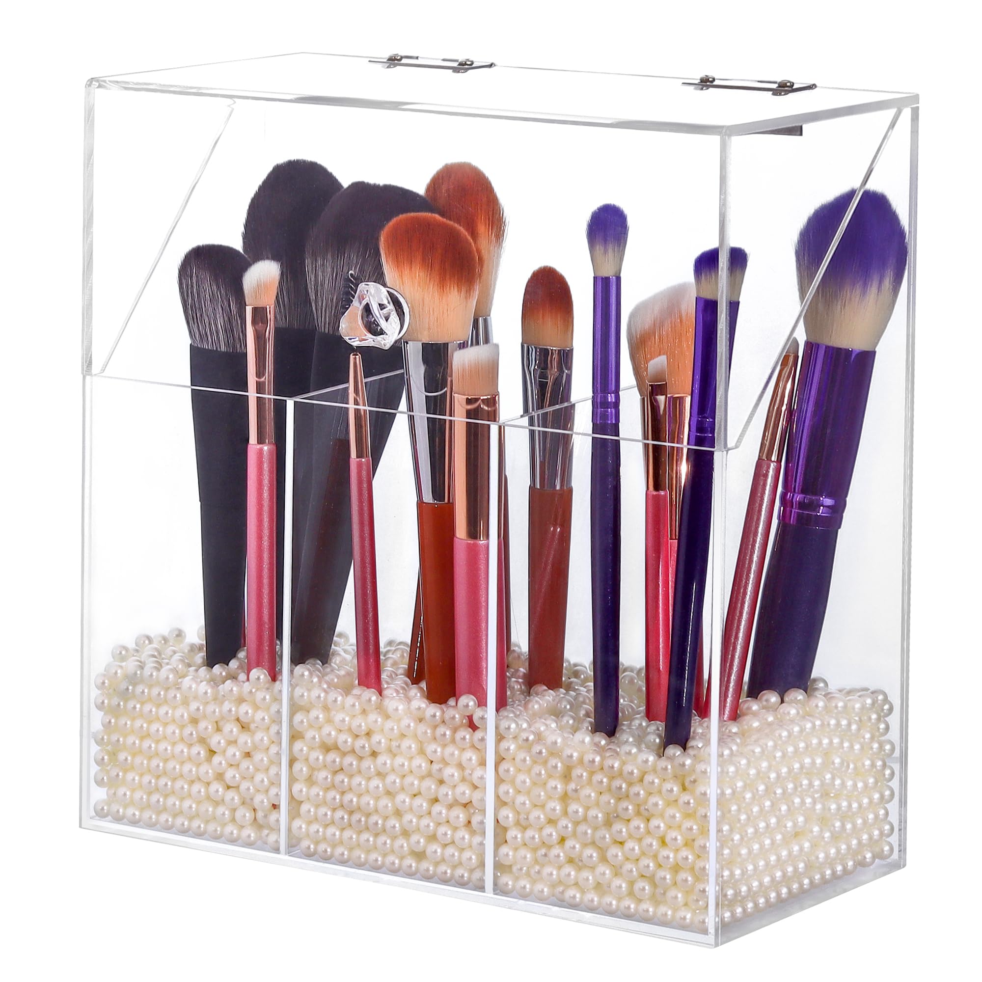 LOHRYVIO acrylic makeup brush holder with lid keeps brushes tidy and dust-free.