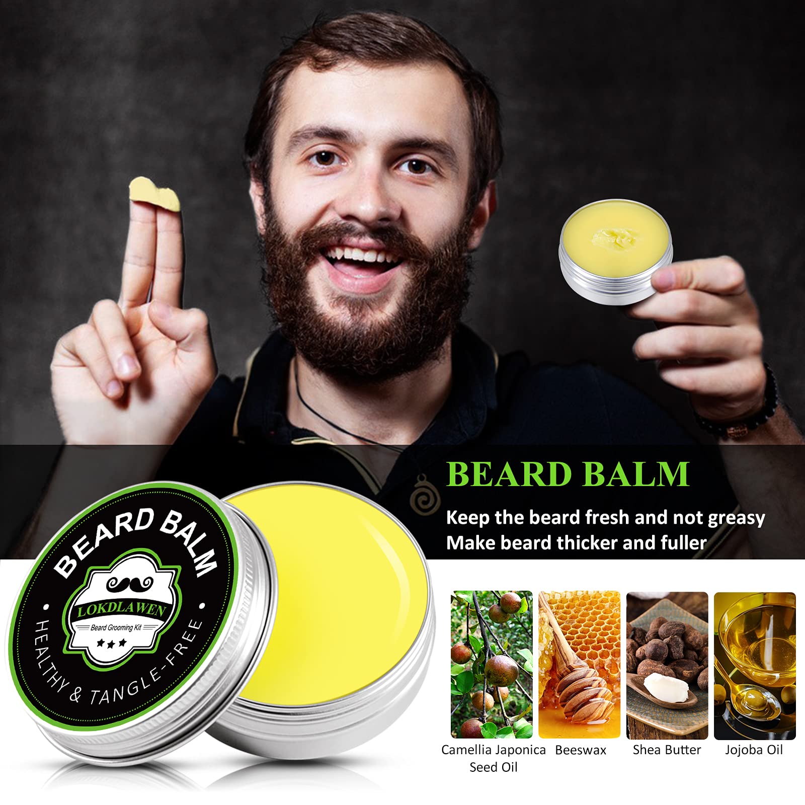 LOKDLAWEN beard balm tube helping tame frizz and add shine.