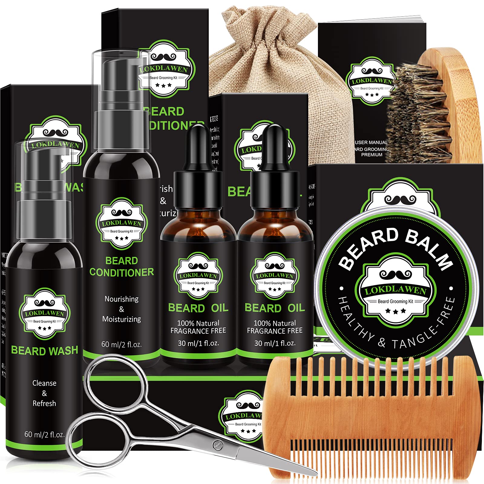 LOKDLAWEN beard kit full packaging showing all 10-in-1 tools for daily grooming.