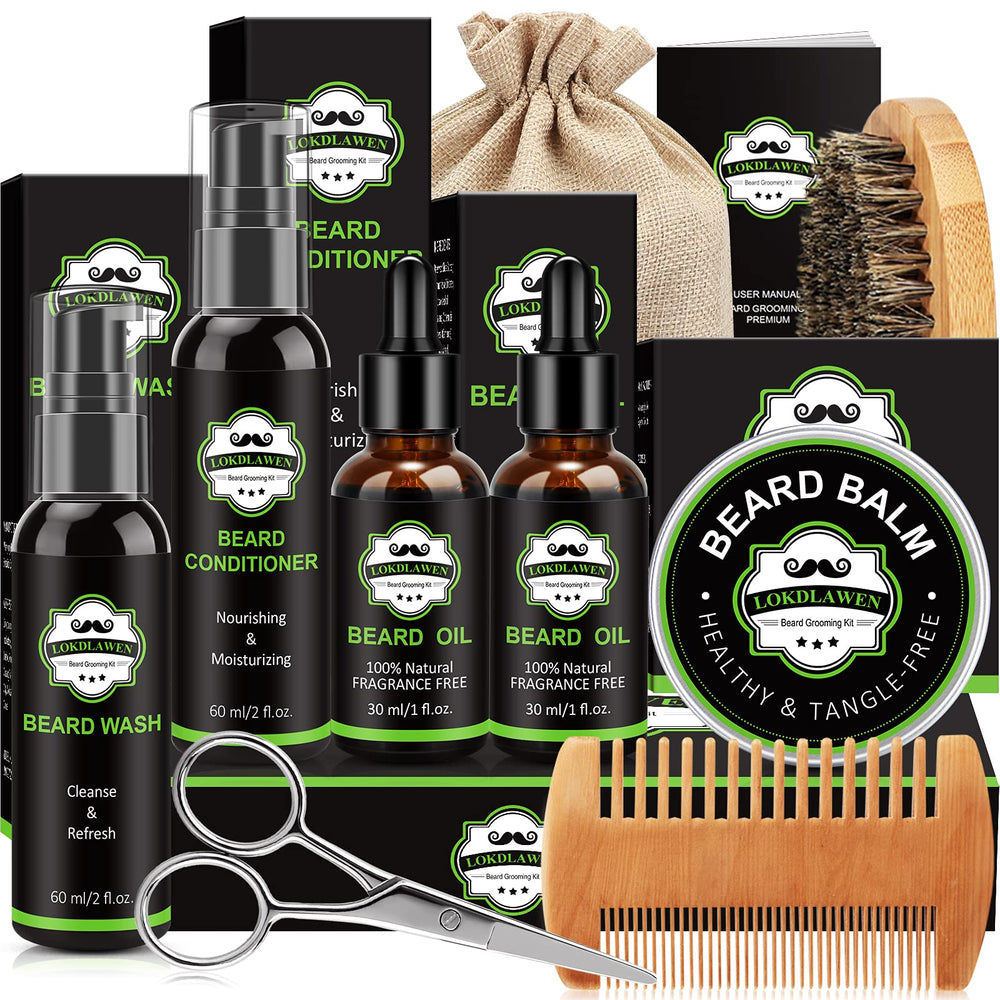 LOKDLAWEN beard kit full packaging showing all 10-in-1 tools for daily grooming.