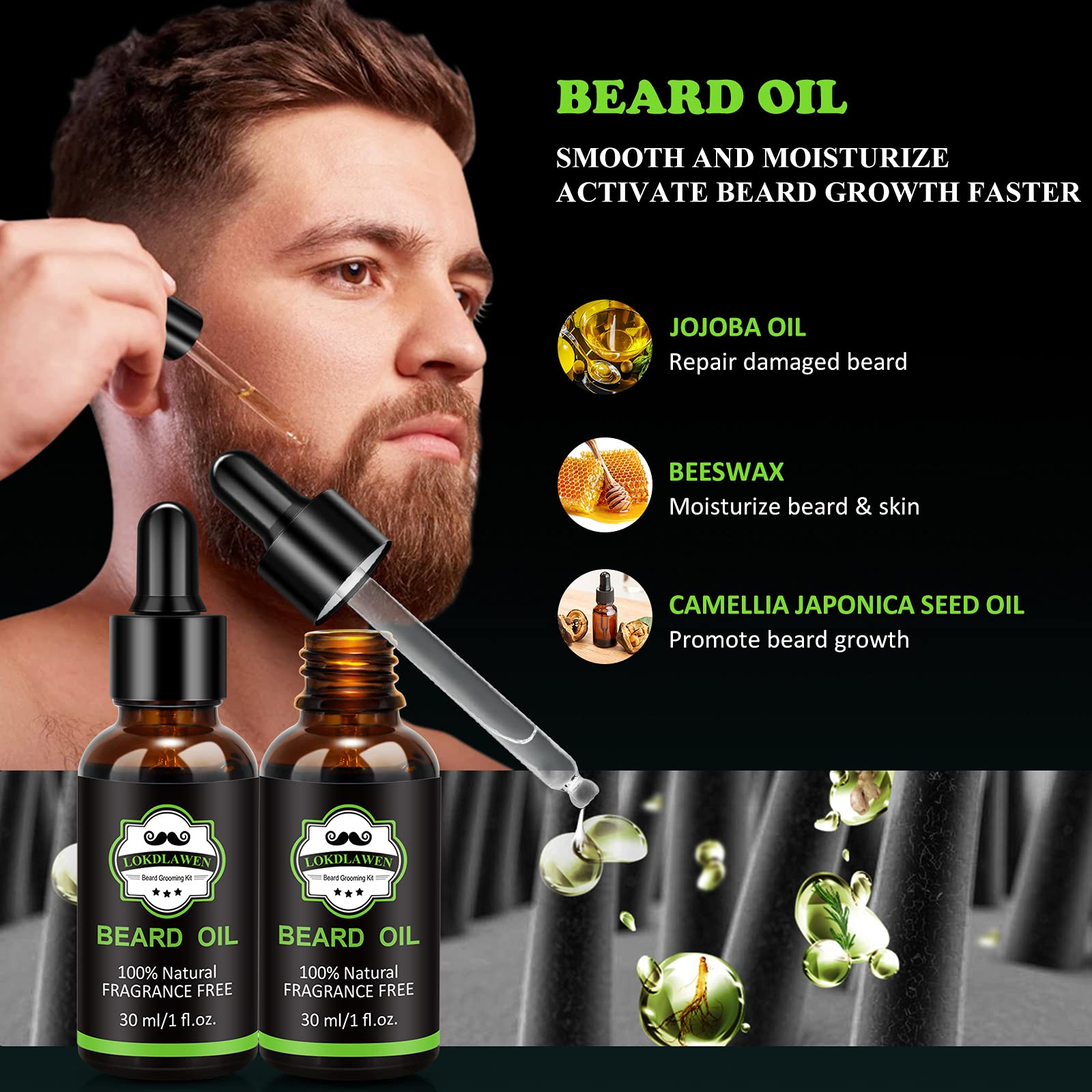 LOKDLAWEN beard oil bottle featuring lightweight, fast-absorbing nourishment.