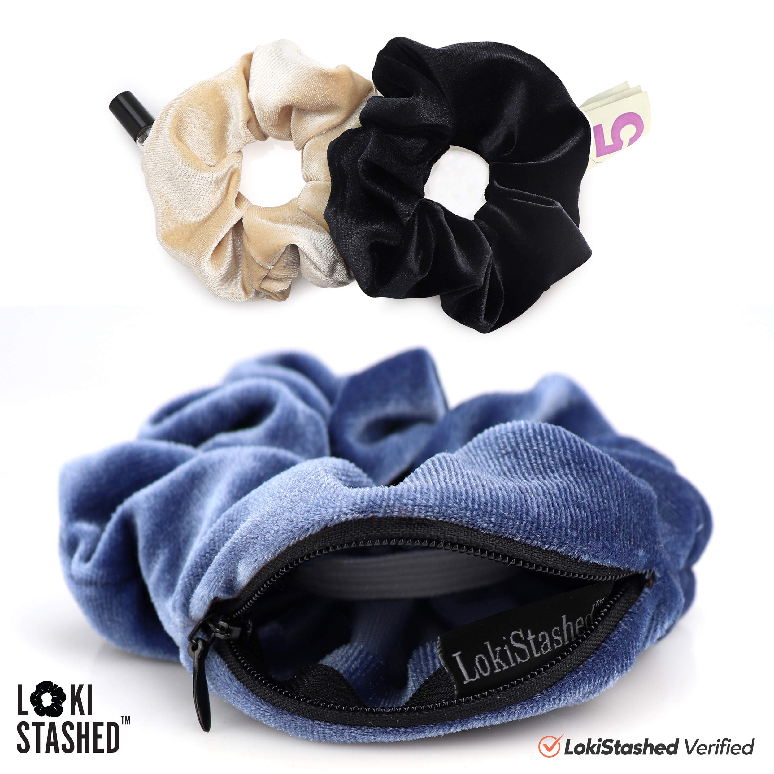LOKISTASHED black velvet scrunchie features glossy finish and secret pocket