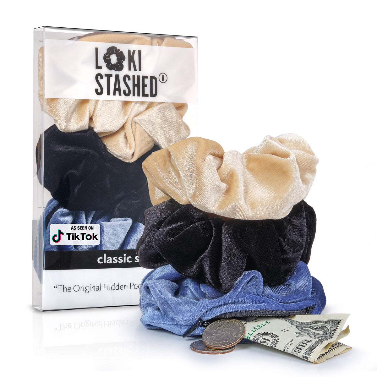 LOKISTASHED navy velvet scrunchie with hidden zipper pocket for secure small items