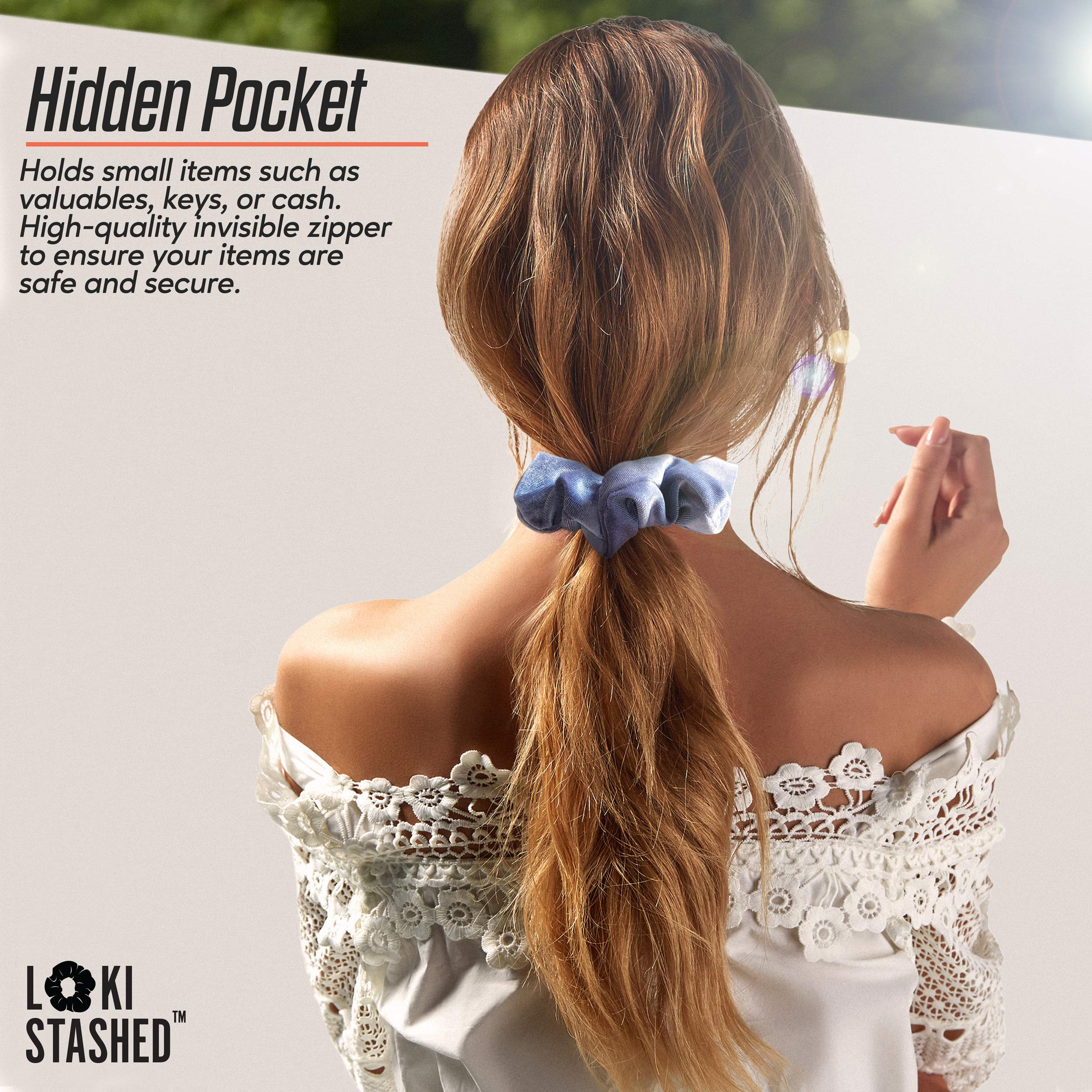 LOKISTASHED velvet scrunchie on wrist demonstrates versatile style and storage