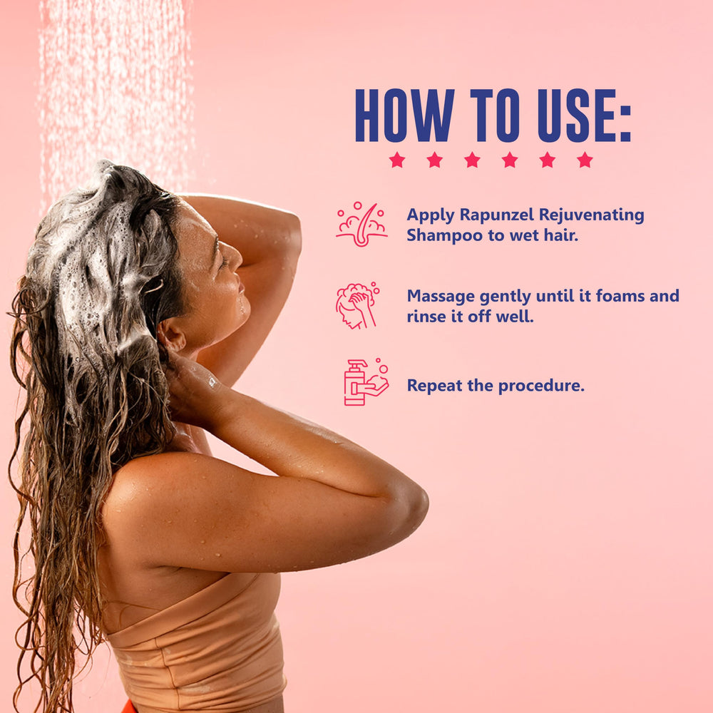 Pouring Lola From Rio shampoo into palm, showcasing sulfate-free formula.