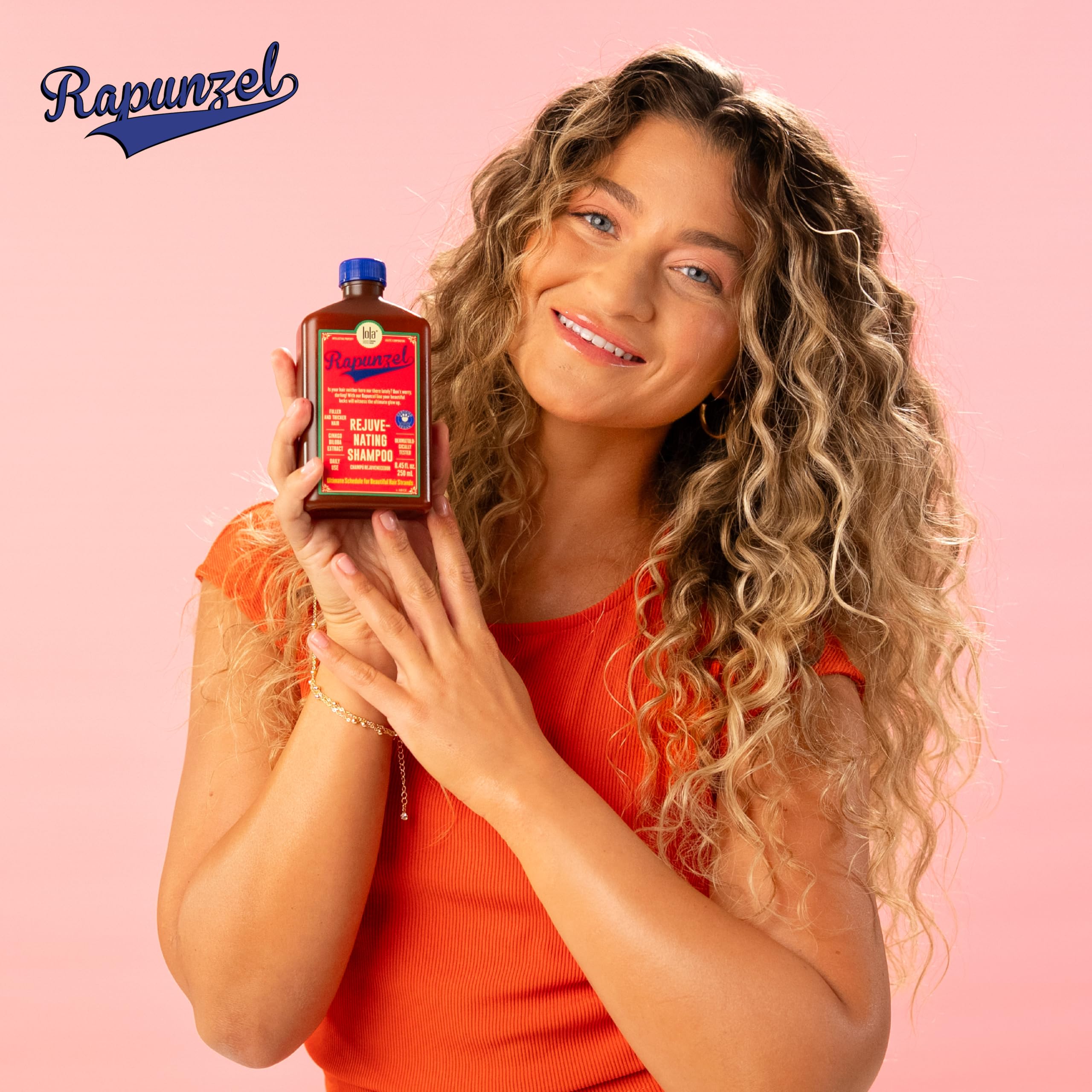 Scalp-focused shot with Lola From Rio shampoo promoting balanced scalp environment.