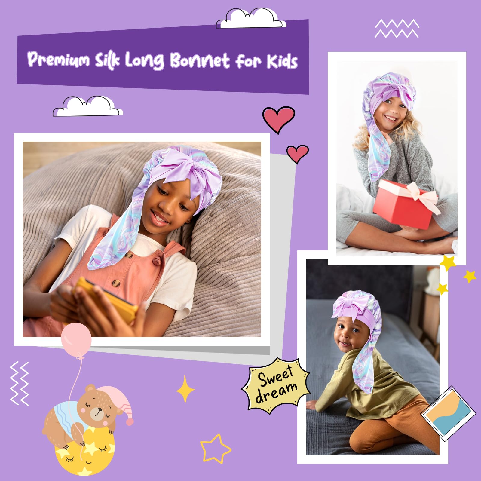 Lolalet satin bonnet protects long curly hair during sleep