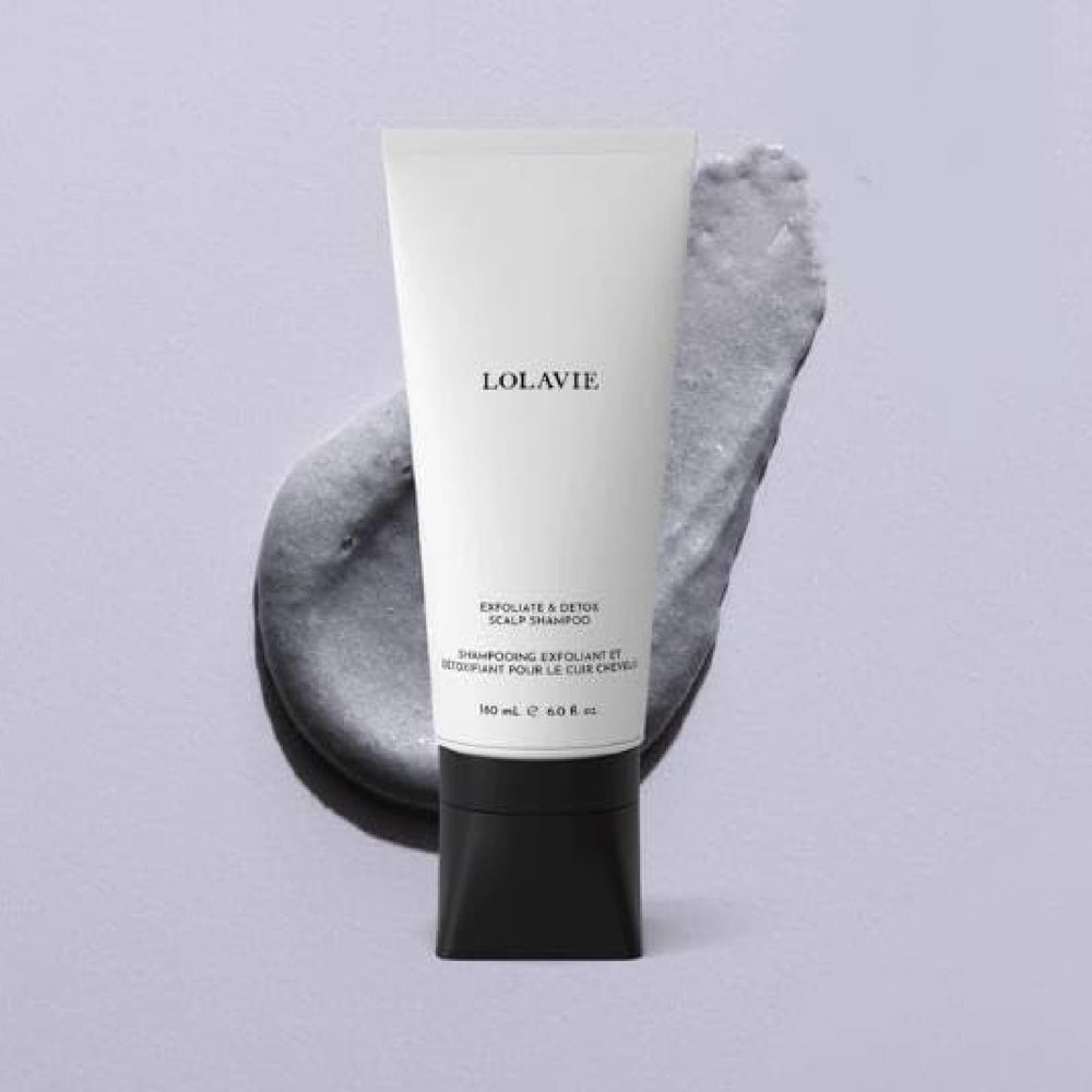 LolaVie Exfoliate & Detox texture close-up shows a creamy scrub for gentle exfoliation.