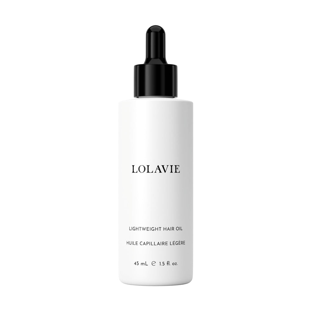Lolavie lightweight hair oil bottle shows weightless shine for all hair types.
