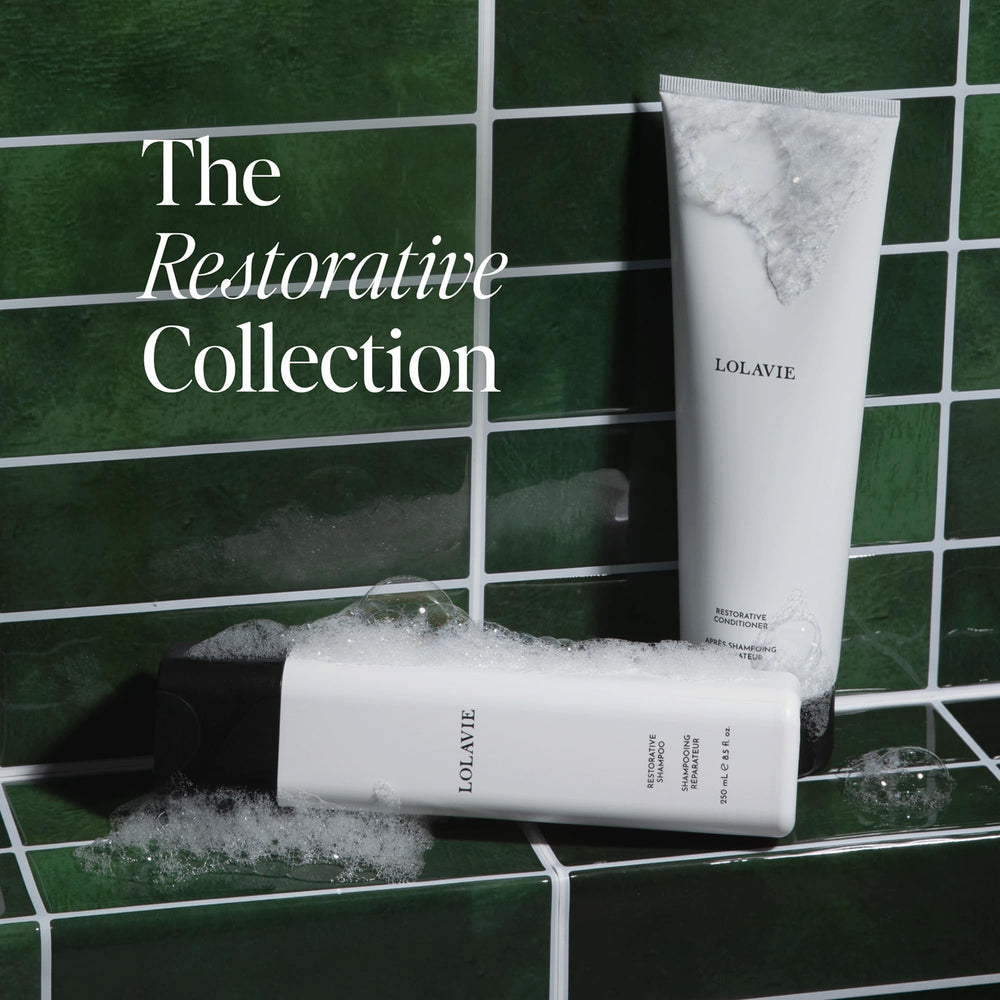 LolaVie Restorative Conditioner bottle delivers silky softness and reduces damage.