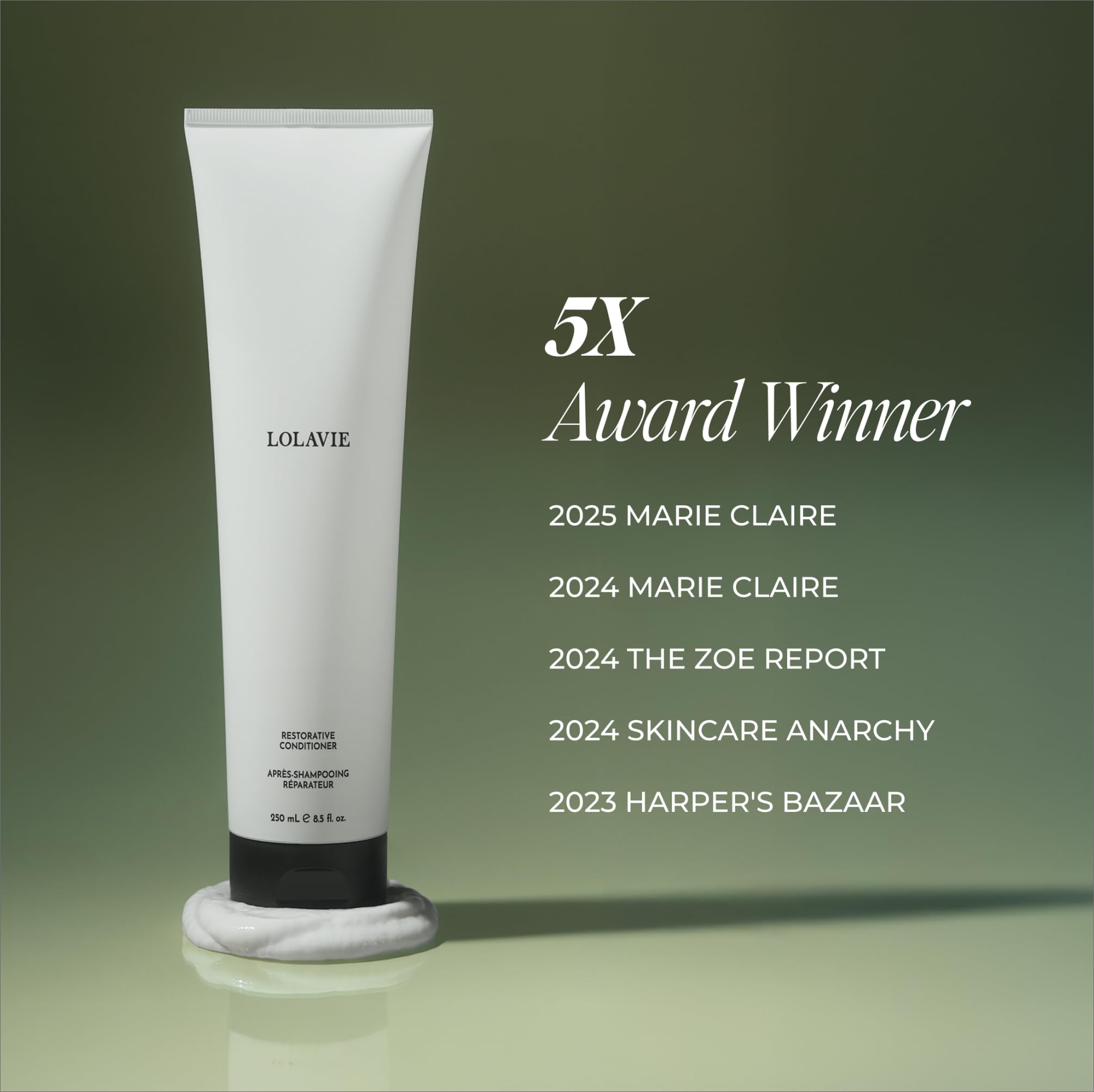 LolaVie Restorative Conditioner on smooth hair strands illustrates frizz reduction.