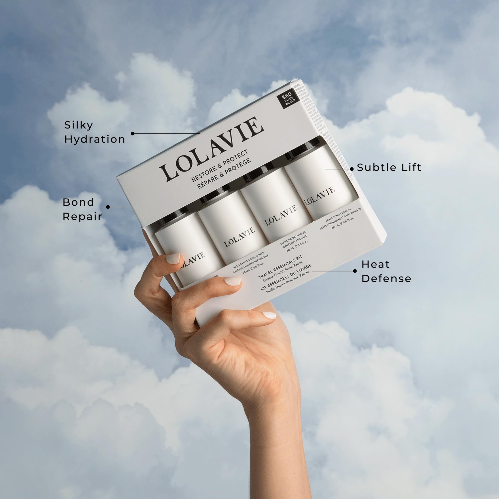 LolaVie Restorative Conditioner travel bottle for detangling and smoothness.