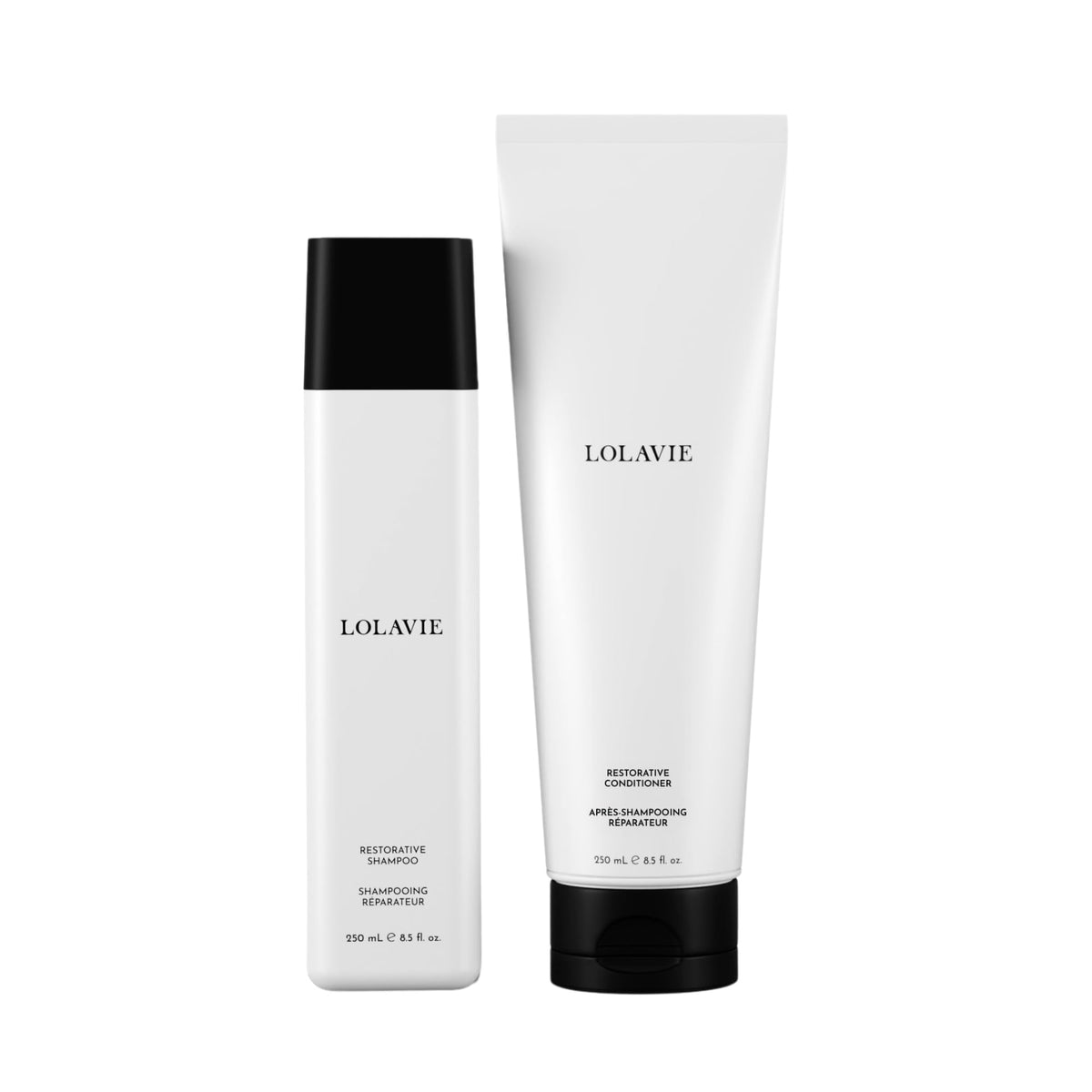 LolaVie Restorative Shampoo bottle ready to cleanse and protect hair from breakage.