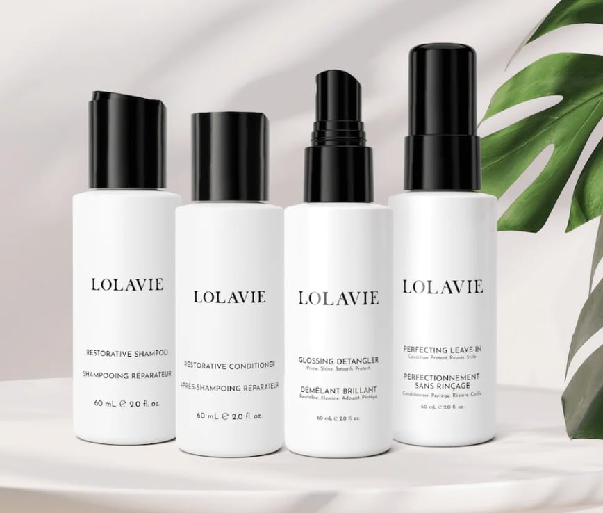 LolaVie Restore & Protect Travel Kit 4pc set for on-the-go bond-building hair repair and protection.