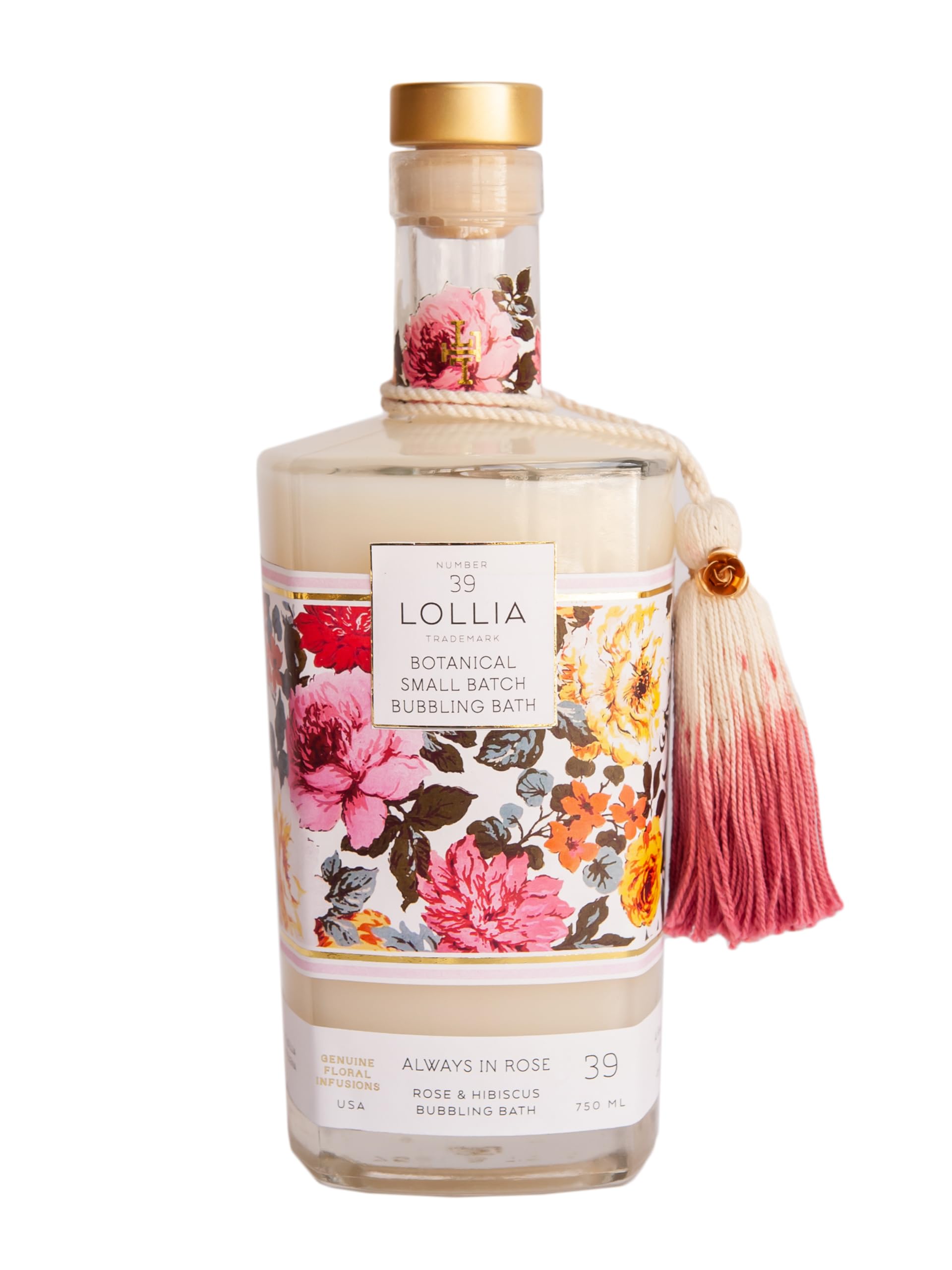 Lollia Always in Rose Bubble Bath glass bottle with blooms for spa-like relaxation