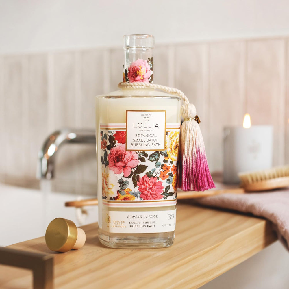 Lollia Always in Rose Bubble Bath bottle showcases gold accents and blooms