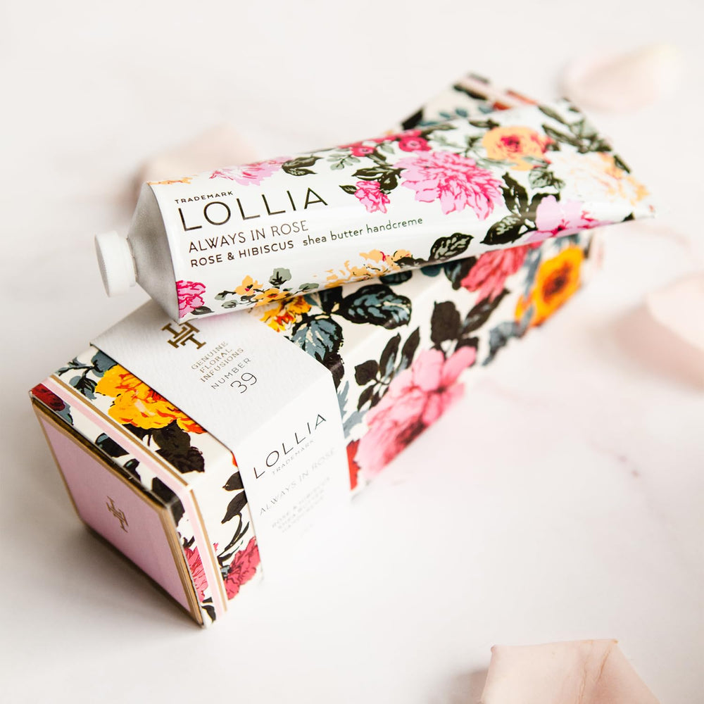 Jar showing shea and cocoa butter in LOLLIA handcreme for rich moisture