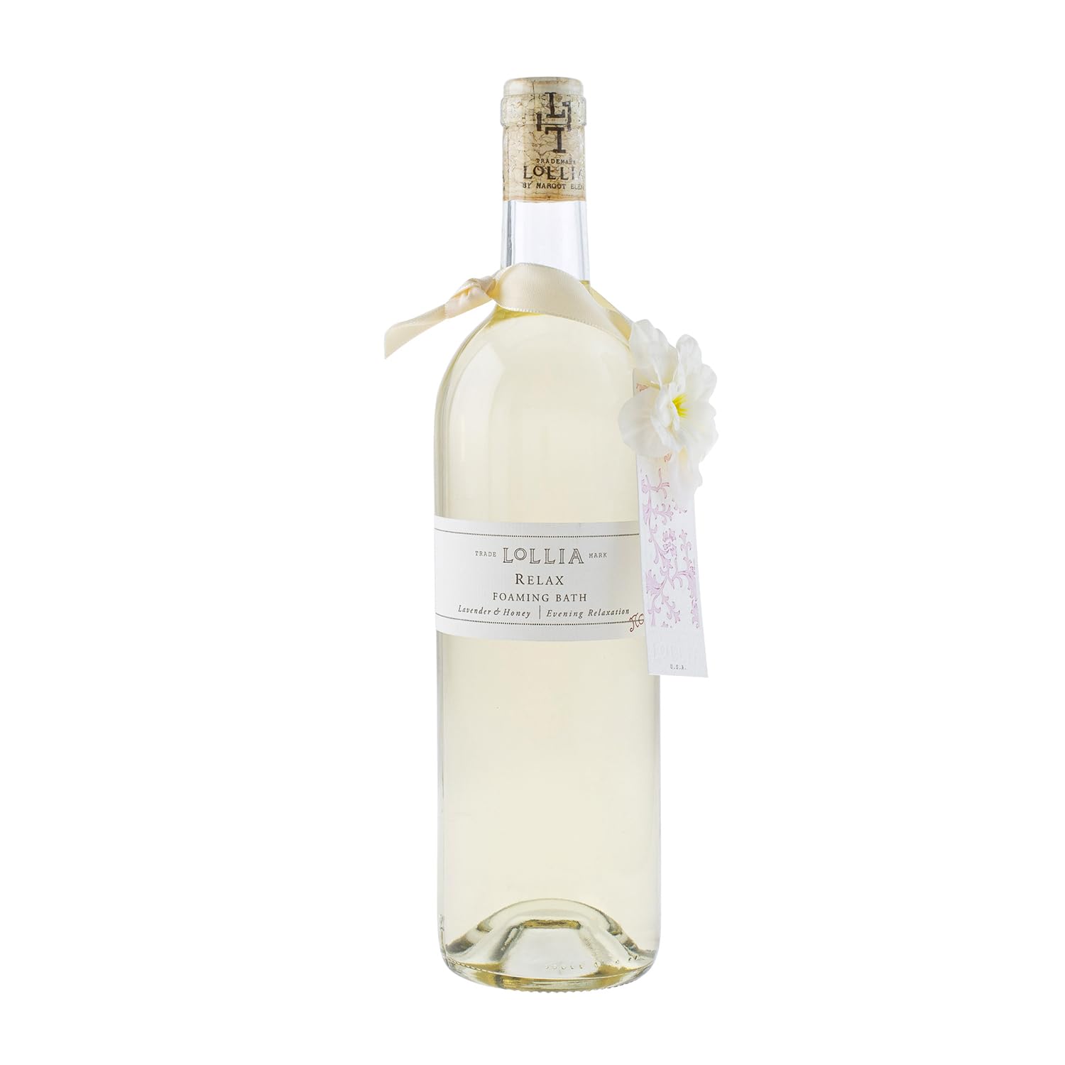 Lollia Relax bubble bath bottle on display for home spa rituals
