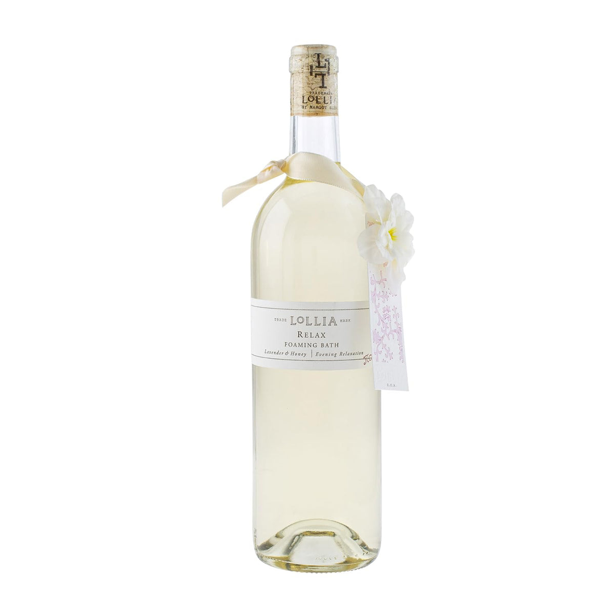 Lollia Relax bubble bath bottle on display for home spa rituals