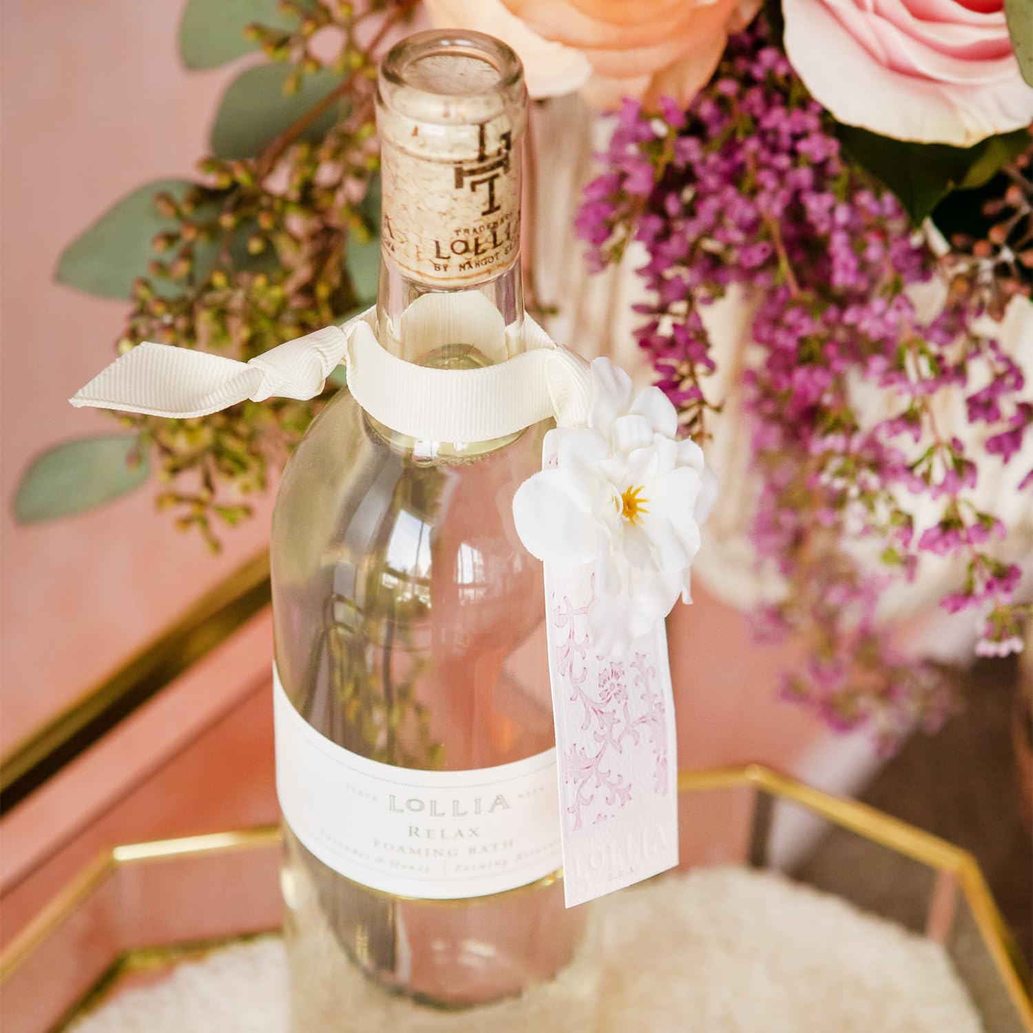 Lollia Relax bubble bath in tub with rich foamy bubbles and luxurious scent