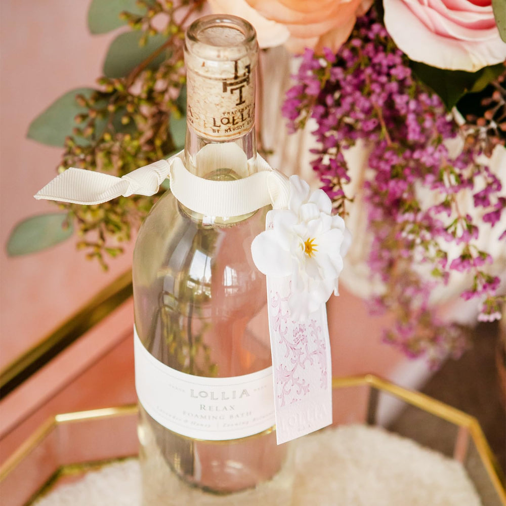 Lollia Relax bubble bath in tub with rich foamy bubbles and luxurious scent