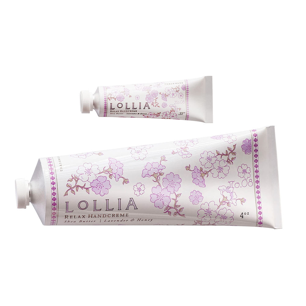 LOLLIA Relax Handcreme Bundle 4oz Lavender Honey bottle demonstrates rich hydration for dry hands.