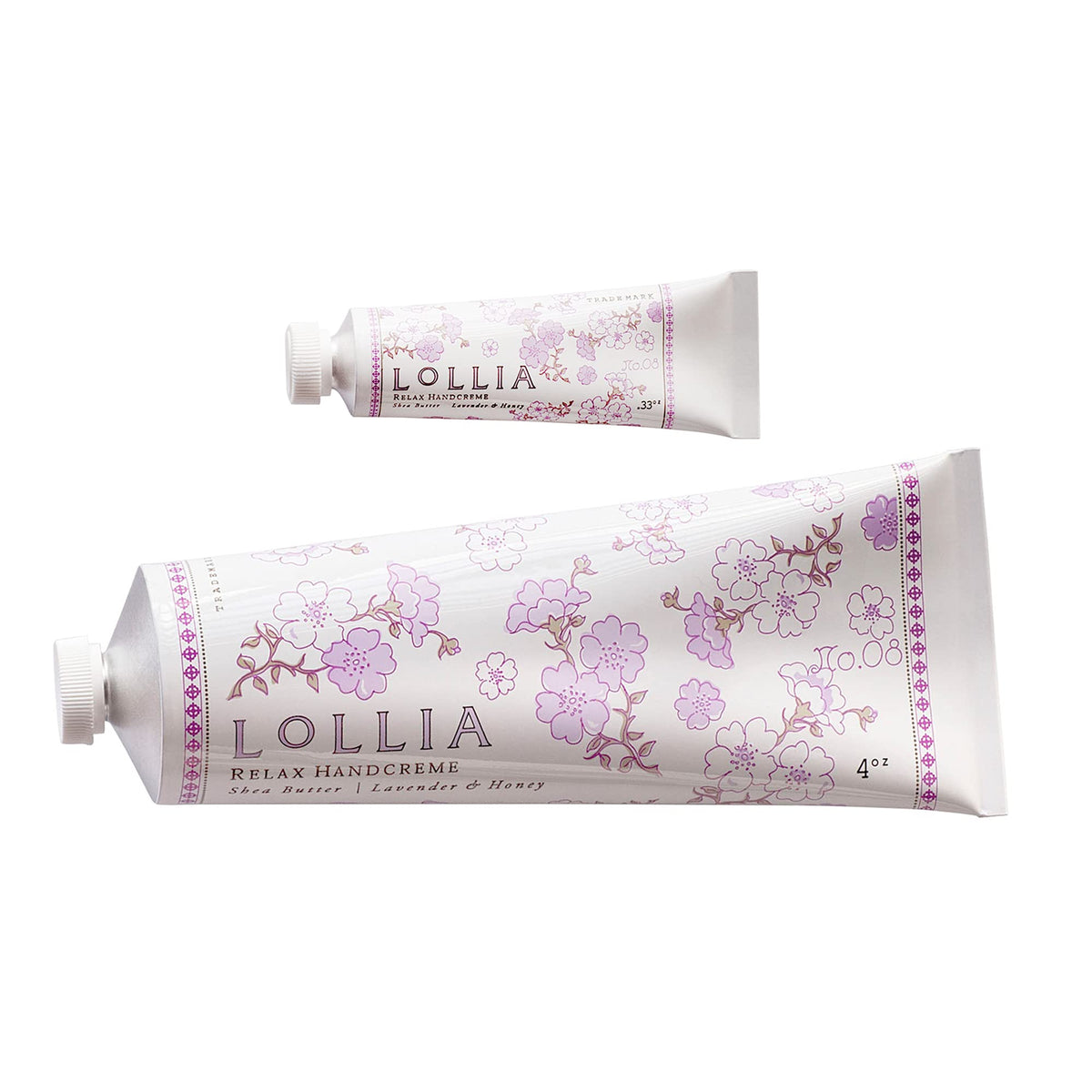 LOLLIA Relax Handcreme Bundle 4oz Lavender Honey bottle demonstrates rich hydration for dry hands.