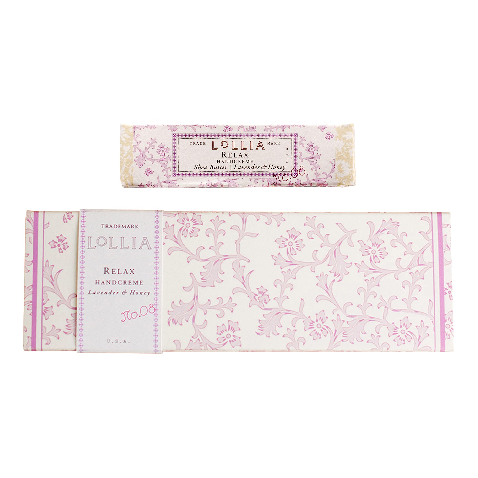LOLLIA Relax Handcreme packaging sleeve highlights elegant floral design and gift-worthy appeal.