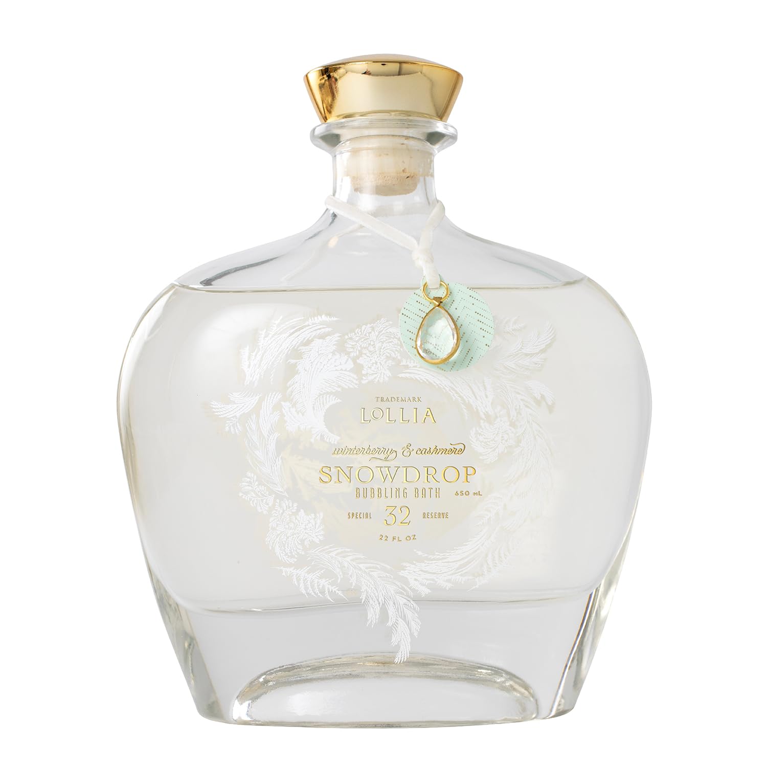 Lollia Snowdrop Bubble Bath bottle front showcases luxury scent and hydrating formula.