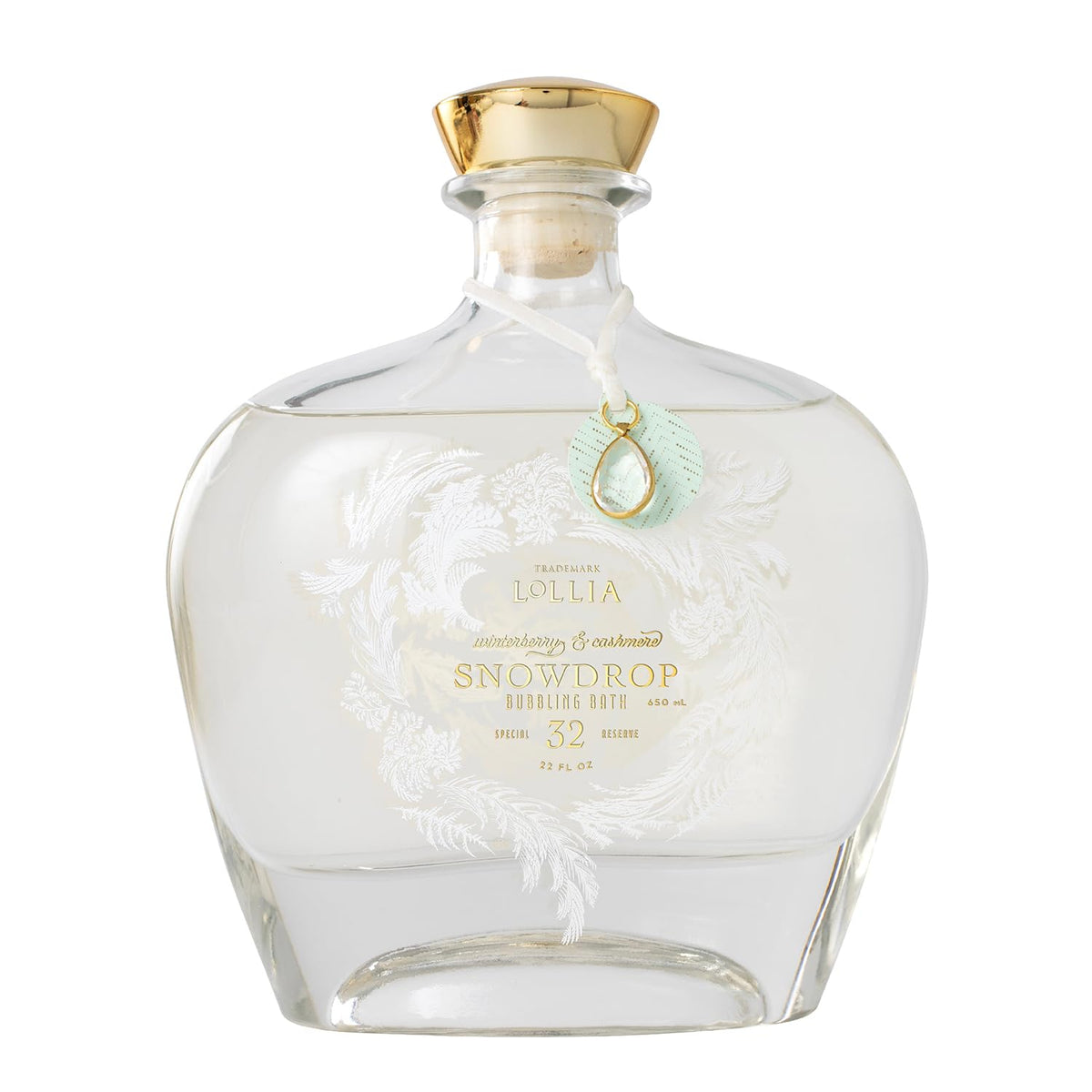 Lollia Snowdrop Bubble Bath bottle front showcases luxury scent and hydrating formula.